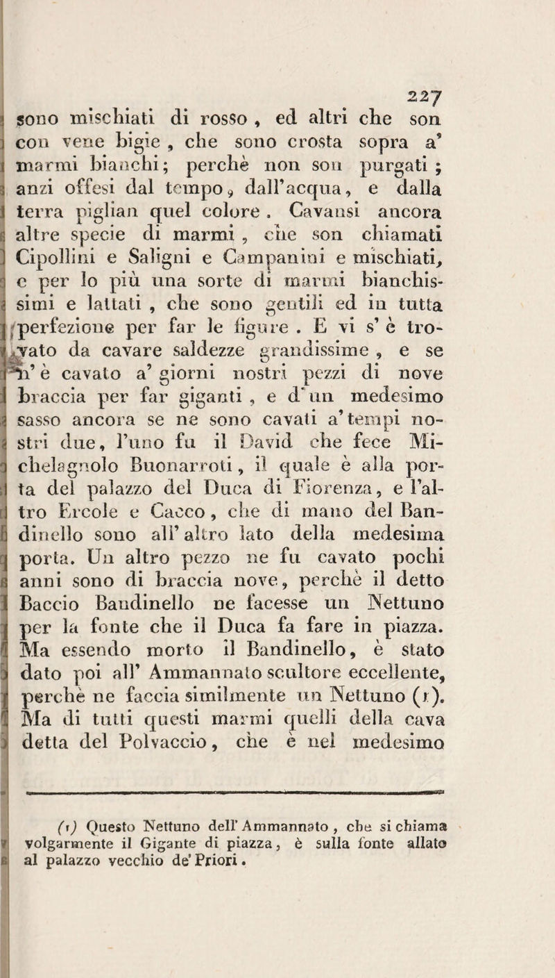 ; sono mìsclilati di rosso , ed altri che son } con vene bigie , che sono crosta sopra a’ I marmi bianchi; perchè non son purgati ; 3 anzi offesi dal tempo 9 dalfacqua, e dalla ) terra pigliali quel colore . Cavansi ancora 6 altre specie di mai’mi , che son chiamati 1 Cipollini e Saligni e Campanini e mischiati ^ c per lo più una sorte di marmi biancbis- j simi e lattati , che sono geiitili ed in tutta ;perfezione per far le ligure . E \i s’ è tro- 4,Yato da cavare saldezze grandissime , e se ^l’è cavato a’ giorni nostri pezzi di nove braccia per far giganti , e d‘iin medesimo sasso ancora se ne sono cavati a’tempi no¬ stri due, rimo fu il David che fece Mi- c chelagnolo Buonarroti, il quale è alla por¬ li ta del palazzo del Duca di Fiorenza, e Fal- [) tro Ercole e Cacco, che di mano del Ban¬ fi dindio sono ali’altro lato della medesima ^ porta. Un altro pezzo ne fu cavato pochi ^ anni sono di hiaccia nove, perchè il detto 1 Baccio Baudinello ne facesse un ]Nettuno Ìper la fonte che il Duca fa fare in piazza. Ma essendo morto il Bandinelle, è stato Ìdato poi all’ Ammanoalo scultore eccellente, perchè ne faccia similmente un Nettuno (i). Ma di tutti questi marmi quelli della cava i detta del Polvaccio, che è nei medesimo (1) Questo Nettuno dell’Ammannsto , che si chiama ? volgarmente il Gigante di piazza, è sulla fonte allato Bj al palazzo vecchio de’ Priori. I I 1