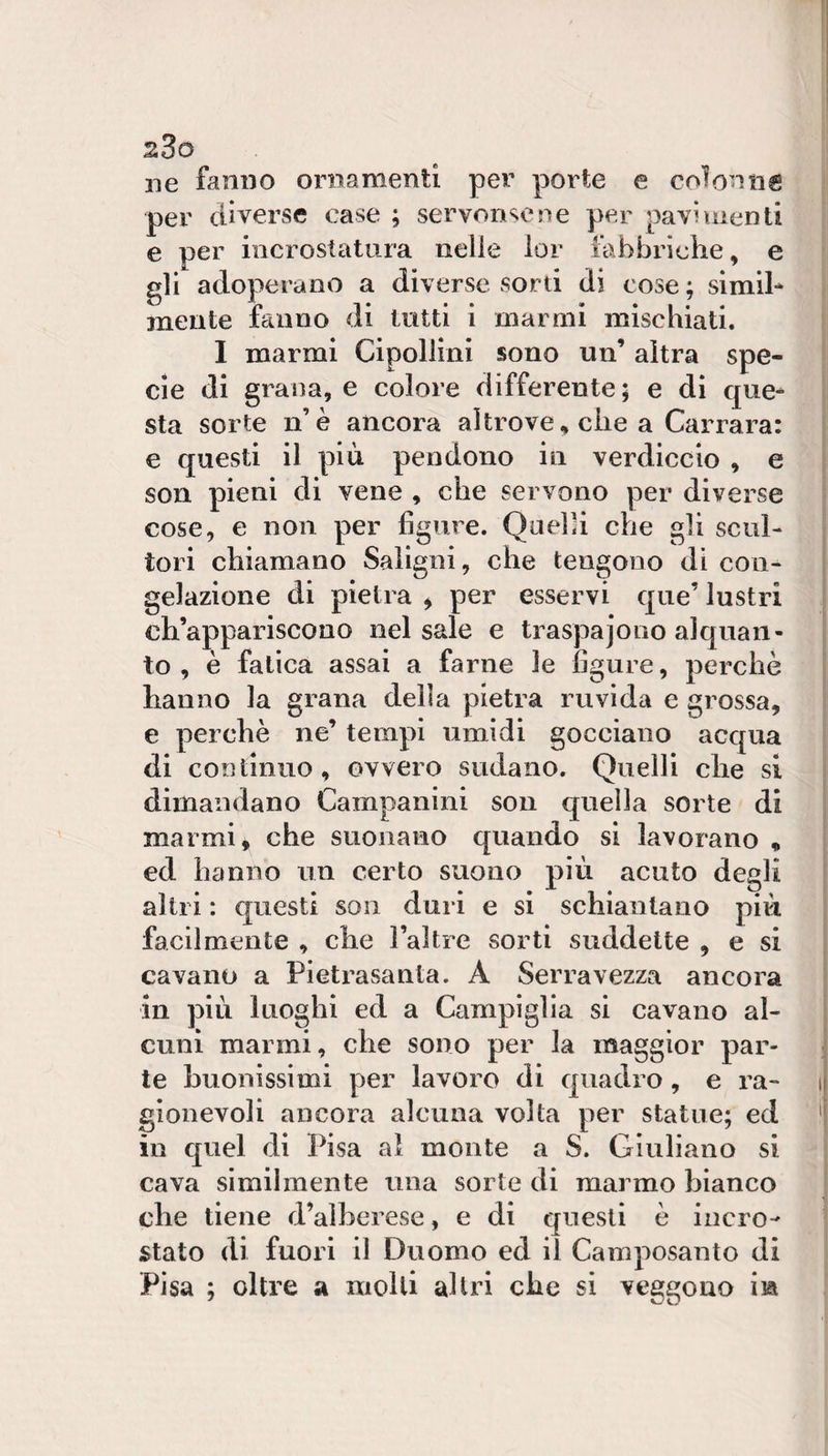 ne fanno ornamenti per porte e colonne per diverse case ; servonsene per pavimenti e per incrostatura nelle lor fabbriche, e gli adoperano a diverse sorti di cose ; slmib mente fanno di tutti i marmi mischiati. I marmi Cipollini sono un’ altra spe¬ cie di grana, e colore differente; e di que¬ sta sorte n’è ancora altrove, che a Carrara: e questi il più pendono in verdiccio , e son pieni di vene , che servono per diverse cose, e non per figure. Quelli che gli scul¬ tori chiamano Saligni, che tengono di con¬ gelazione di pietra , per esservi que’ lustri ch’appariscono nel sale e traspajono alquan¬ to , è fatica assai a farne le figure, perchè hanno la grana della pietra ruvida e grossa, e perchè ne’ tempi umidi gocciano acqua di continuo, ovvero sudano. Quelli che si dimandano Campanini son quella sorte di marmi, che suonano quando si lavorano , ed hanno un certo suono più acuto degli altri : questi son duri e si schiantano più facilmente , che l’altre sorti suddette , e si cavano a Pietrasanta. A Serravezza ancora in più luoghi ed a Campìglia si cavano al¬ cuni marmi, che sono per la maggior par¬ te buonissimi per lavoro di quadro, e ra¬ gionevoli ancora alcuna volta per statue; ed in quel di Pisa al monte a S. Giuliano si cava similmente una sorte di marmo bianco che tiene d’alberese, e di questi è incro¬ stato di fuori il Duomo ed il Camposanto di Pisa ; oltre a molli altri che si veggono im