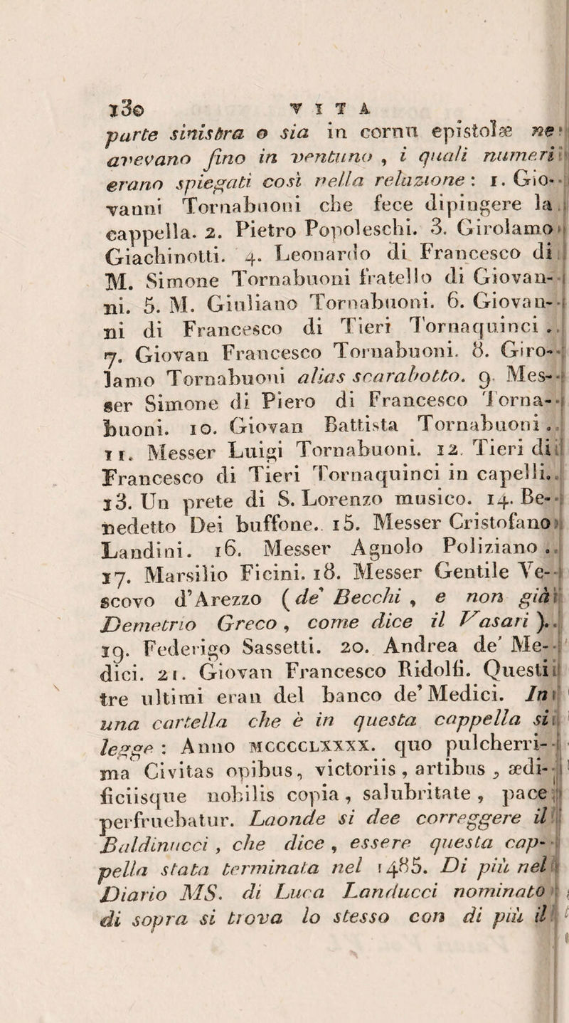 j3o T I 1 A parte sinistra o sia in cornn epistoìse avevano fino in ventuno , i quaìi numeri v erano spiegati così nella relazione'. i.Gio-*i Tanni Tornabnoni che fece dipingere la.s cappella. 2. Pietro Popoleschi. 3. Gii clamo m Giachinolti. 4. Leonardo di Francesco di ! M. Simone Torriabuoni fratello di Giovali- i ni. 5. M. Giuliano Tornabnoni. 6. Giovali-a ni di Francesco di Tleri Tornaquinci .. 7. Giovan Francesco Tornabnoni. 8. Giro-*: lamo Tornabnoni alias scarahotto. g. Mes-*s ger Simone di Piero di Francesco dorna--» buoni. IO. Giovan Battista Tornabnoni. TI. Messer Luigi Tornabuoni. 12. Tieri dii! Francesco di Tieri Tornaquinci in capelli.. l3. Un prete di S. Lorenzo musico. 14. Be-*i nedetto Dei buffone. 15. Messer Cristofano n Landini. 16. Messer Agnolo Poliziano 17. Marsilio Ficini. 18. Messer Gentile Ye-a scovo d’A rezzo de Becchi ^ e non già'i: Demetrio Greco , come dice il Vasari ). .| 19. Federigo Sasseti!. 20. Andrea de' Me--i dici. 21. Giovan Francesco Ridolfi. Questi il tre ultimi eran del banco de’Medici. ln\ una cartella che è in questa cappella siw^ le^geAnno mcccclxxxx. quo pulcherri-i|- ma Civltas opibus, victoriis , artibus ^ sedi--|l' Bciisque nobilis copia, salubiitale , pace^ji perfriiebatur. Laonde si dee correggere Baldlnucci y che dice ^ essere questa cap- \ pella stata terminata nel 1485. Di piu nel Diario MS. di Luca Landucci nominato t { di sopra si tiova lo stesso con di più il! ^ II