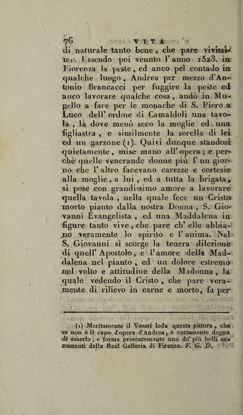 .jy q -,v i? T A r:-n ' ?? di naturale tanto bene , che pare vivissi-' nu&gt;. Essendo poi venuto l’anno i5a3. in Fiorenza la peste, ed anco pel contado in qualche luogo, Andrea per mezzo d’An¬ tonio Brancacci per fuggire la peste ed anco lavorare qualche cosa , andò in Mu¬ gello a fare per le monache di S. Piero a Luco dell’ ordine di Camaldoli una tavo¬ la , là dove menò seco la moglie ed una figliastra , e similmente la sorella di lei ed un garzone (i). Quivi dunque standosi quietamente , mise mano all’ opera ; e per¬ chè quelle venerande donne più 1’ un gior¬ no che F altro facevano carezze e cortesie alla moglie, a lui , ed a tutta la brigata , si pose con grandissimo amore a lavorare quella tavola , nella quale fece un Cristo morto pianto dalla nostra Donna , S. Gio¬ vanni Evangelista , ed una Maddalena in figure tanto vive, che pare eh’ elle abbia¬ dilo veramente lo spirito e ì’ anima. Nel S. Giovanni si scorge la tenera dilezione di quell’ Apostolo, e l’amore della Mad¬ dalena nel pianto , ed un dolore estremo nel volto e attitudine della Madonna , la quale vedendo il Cristo , che pare vera¬ mente di rilievo in carne e morto, fa per .. . . . . . . . i: ■ I;U.. ,&gt; « • ’h ■' 'X, i ~ X X’\'r-Vy'V'% (i) Meritamente il Vasari loda questa pittura , che se non è il capo d’opera d’Andrea, è certamente degna di esserlo ; e forma presentemente uno de’ più belli oi-n