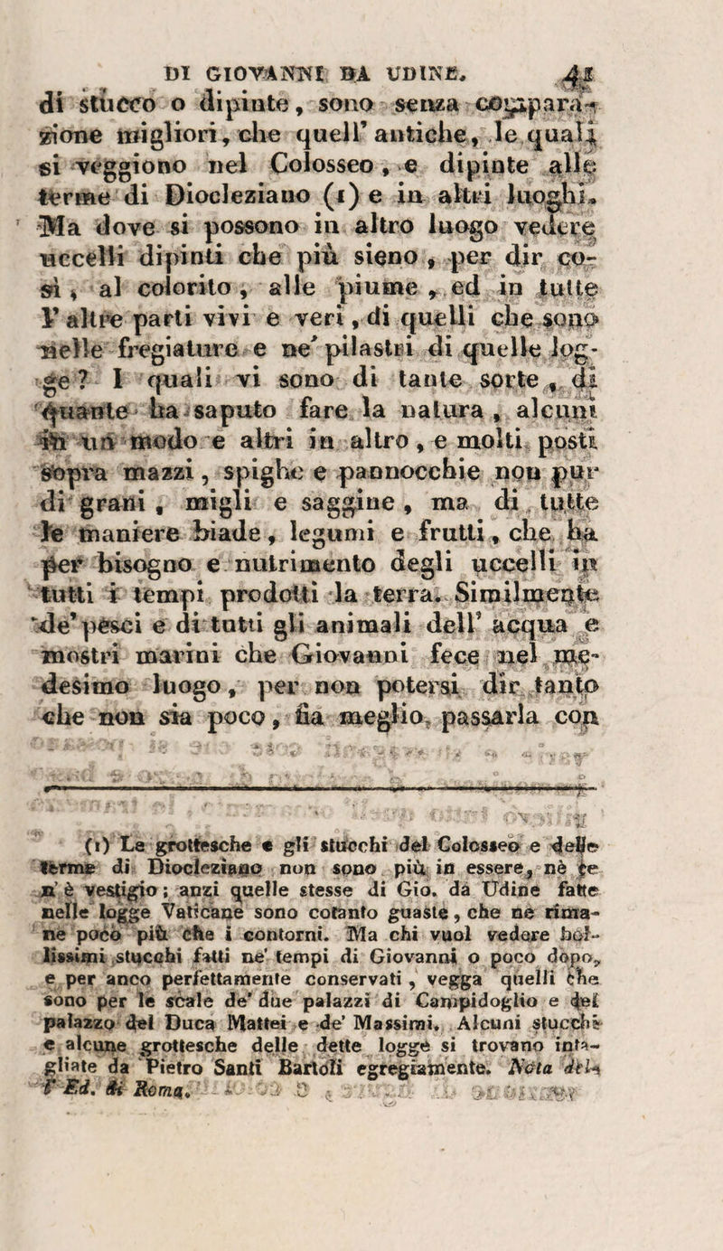 m GIOVAimi BA UDINE. di stucco o dipinte, sono senza covp.para-^ SBione migliori, elio quell’antiche, le quali si veggiono nel Colosseo, e dipiote allé terme di Diocleziano (i) e irt altri luoghu ’ Ma dove si possono in altro luogo vedere uccelli dipinti che più sieno , per dir cot sì 4 al colorilo , alle piume , ed in lulte y altre parli vivi e veri, di quelli che ^elle fregiature e ne'pilastri di quelle log¬ ge ? I quali vi sono di laute sorte Quante ha saputo fare la natura, alciim ^ un modo e altri in altro, e molti, posti ^pra mazzi, spiglìit) e pannocchie non pur di grani , migli e saggine, ma di. tutte le maniere biade, legumi e frutti, che ha per bisogno e. nutrimento degli uccelli in tutti i tempi prodotti la terra*.,Siroilmecfe de’pesci e di tutti gli animali dell’ acqua mostri marini che Giovanni fece nel me¬ desimo luogo, per non potersi dir tanto che non sia poco, Ila meglio^ passarla cop ■ - - ■ • . V •l -V [' (i) Le grottesche € gli sttfochi Jet Golosiea e lèni» di Dioclezìsjap non spno piùr ifl essere, nè Je ji’ è ve^i^o ; anzi (g^uelle stesse &lt;li Gio, da tFdine fatte nelle lo^e Valicane sono cotanto guaste, che ne rima¬ ne pacò più che i contorni. ìMa chi vuol vedere hoi- lissimi .stucchi fatti ne’ tempi di Giovanni o poco dopo^ e per anco perfetlamente conservati, vegga quelli Che sono per le scale de* due palazzi di Campidoglio e (|ej[ palazzo dei Duca Mattei e de’ Massimi. Alcuni stucchi! c alcune grottesche delle dette logge si trovano infa- cliate da Pietro Santi Barloli egregiamente. N^ta dtUi t Ed, ài 'Rom^^ ^ , ’^r, .v.&lt;