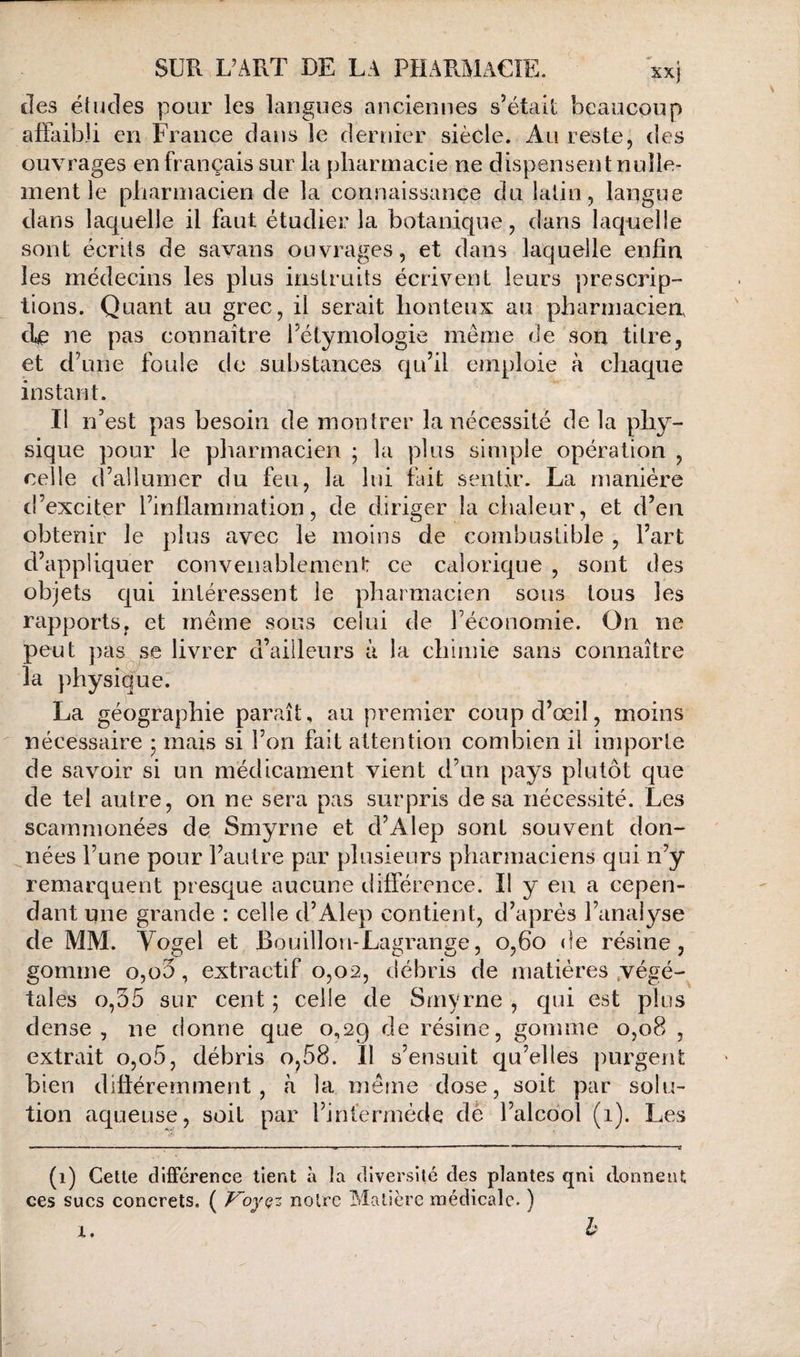 des études pour les langues anciennes s’étail beaucoup affaibli en France dans le dernier siècle. Au reste, des ouvrages en français sur la pharmacie ne dispensent nulle¬ ment le pharmacien de la connaissance du latin, langue dans laquelle il faut étudier la botanique, dans laquelle sont écrits de savans ouvrages, et dans laquelle enfin les médecins les plus instruits écrivent leurs prescrip¬ tions. Quant au grec, il serait honteux au pharmacien, dijç ne pas connaître Tétymologie même de son titre, et d’une foule de substances qu’il emploie à chaque instant. Il n’est pas besoin de montrer la nécessité de la phy¬ sique pour le pharmacien ; la plus simple opération , celle d’allumer du feu, la lui fiiit sentir. La manière d’exciter l’inflammation, de diriger la ciialeur, et d’en obtenir le plus avec le moins de combustible , l’art d’appliquer convenablement ce calorique , sont des objets qui intéressent le pharmacien sous tous les rapports y et même sous celui de l’économie. On ne peut pas se livrer d’ailleurs à la chimie sans connaître la physique. La géographie paraît, au premier coup d’œil, moins nécessaire • mais si l’on fait attention combien il importe de savoir si un médicament vient d’un pays plutôt que de tel autre, on ne sera pas surpris de sa nécessité. Les scammonées de Smyrne et d’Alep sont souvent don¬ nées l’une pour l’autre par plusieurs pharmaciens qui n’y remarquent presque aucune différence. I! y eu a cepen¬ dant une grande : celle d’Alep contient, d’après l’analyse de MM. Yogel et Bouillon-Lagrange, o,6o de résine, gomme o,o3, extractif 0,02, débris de matières .végé¬ tales 0,35 sur cent ; celle de Srnyrne , qui est plus dense, ne donne que 0,29 de résine, gomme 0,08 , extrait o,o5, débris o,58. Il s’ensuit qu’elles purgent bien différemment, à la même dose, soit par solu¬ tion aqueuse, soit par l’inferméde dé l’alcool (1). Les ■ i i i» ■ ' ■ ' . —i—. ^ I — - ■« ■ ■ ..(i (1) Cette différence tient à la diversité des plantes qnl donnent ces sucs concrets. ( Koyçz notre Matière médicale. ) 1. h