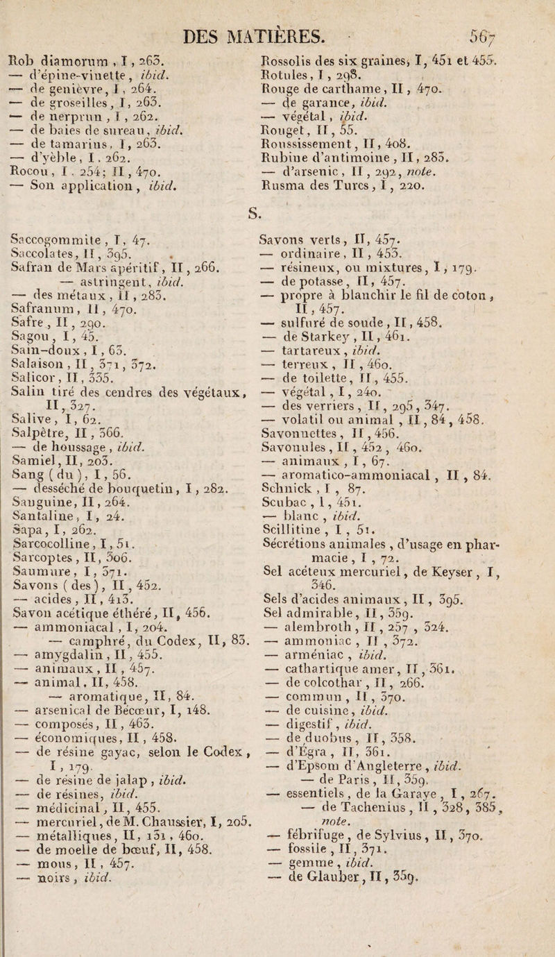 Rob diamonim , 1,265. — d’épine-viiiette, ihid. — de genièvre, 1, 264. — de groseilles, I, 263. ‘— de nerprun , 1, 262. — de baies de sureau, ibid. — de tamarins, 1, 263. — d’yèble , 1.262. Rocou , I . 254 ; Il, 470. — Son application, ibid. Rossolis des six graines, I, 45i et 455. Rotules, 1, 29S. Rouge de carthame , II, 470. — de garance, ibid. — végétal, ipid. Rouget, II, 55. Roussissement, II, 4o8. Rubine d’antimoine , II, 280. — d’arsenic, II, 292, noie. Rusma des Turcs, 1, 220. S, » Saccogommite , T, 47. Saccolates, Il, 3g5. Safran de Mars apéritif, II, 266. — astringent, ibid. — des métaux , II, 283. Safranum, II, 470. Safre , II, 290. Sagou , 1,45. Sain-doux , 1, 65. Salaison , II, 871, 372. Salicor , II, 335. Salin tiré des cendres des végétaux, 11,327. Salive , 1, 62. Salpêtre, II, 366. — de houssage , ibid. Sa miel, II, 2o3. Sang ( du ), 1,56. — desséché de bouquetin, 1,282. Sanguine, II, 264. Santaline, 1, 24. Sapa, 1, 262. Sarcocolline, 1,5i. Sarcoptes, II , 3o6. Saumure, 1, 071. Savons ( des ), II, 452. — acides, II, 4i3. Savon acétique éthéré, II, 456. — ammoniacal, I, 2o4. — camphré, du Codex, II> 83. — amygdalin , II, 455. — animaux , II, 457. — animal, II, 458. — aromatique, II, 84. — arsenical de Bécœur, I, i48. — composés , II, 463. —• économiques, II, 458. de résine gayac, selon le Codex, 1,179. — de résine de jalap , ibid. — de résines, ibid. — médicinal, II, 455. — mercuriel, de M. Chaussier, I, 2o5. — métalliques, II, i5i, 46o. — de moelle de bœuf, II, 458. — mous , Il, 457. — noirs , ibid. Savons verts, II, 457. — ordinaire, II, 453. — résineux, ou mixtures, I, 179. — dépotasse. II, 457. — propre à blanchir le fil de coton , 11,457. J — sulfuré de soude , II, 458. — de Starkey , II, 461. — tartareux, ibid. — terreux , Il, 46o. — de toilette, II, 455. — végétal, 1, 24o. — des verriers , Il, 2g5,347. — volatil ou animal , II, 84,458. Savonnettes , II, 456. Savon U les , If , 452 , 46o. — animaux , 1, 67. — aromatico-ammoniacal , II , 84. Schnick , T , 87. Scubac , 1,451. — blanc , ibid. Scillitine , I , 5i. Sécrétions animales , d’usage en phar¬ macie , I , 72. Sel acéteux mercuriel, de Keyser , I, 346. Sels d’acides animaux, II, 3g5. Sel admirable, II, 55g. — alembroth , II, 267 , 324. — ammoniac , II , 372. — arméniac , ibid. — cathartique amer, II, 56i. — de colcothar , II, 266. — commun , II, 670. — de cuisine, ibid. — digestif, ibid. — deduobus, 11, 358. — d’Égra, II, 36i. — d’Epsom d’Angleterre, ibid. — de Paris , II, 359. — essentiels , de la G-araye , T , 267. — de Tachenius , II, 328, 385, note. — fébrifuge , de Sylvius, II, 670. — fossile , II, 371. — gemme, ibid. — de Glauber, II, 35g.