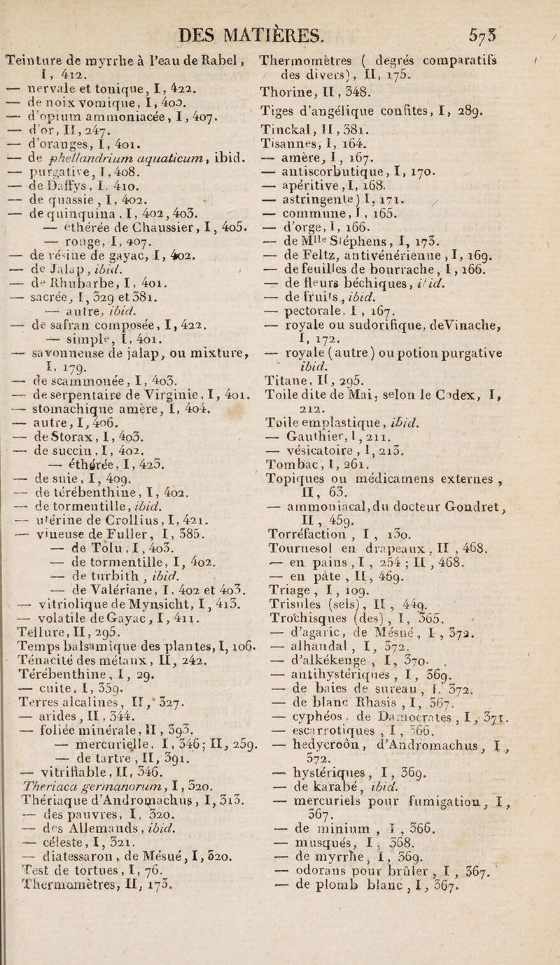 DES MATIÈRES. 5?5' t Teinture de rayrrbe à l’eau de Rabel, Thermomètres ( degrés comparatifs I, 4i2. — uervaie et tonique, I, 422. — de noix vomique, I,4oo. — d’opium ammoniacée, 1,407. — d’or, II, 247. — d’oranges, I, 4oi. — de phellandrium aquaticum t ibid. — purgative, 1,4o8. — de Daffys , I, 4io. — de quassie , I, 4o2. — de quinquina , 1, 4o2,4o3. — éthérée de Chaussier, I, 4o5. — ronge, I, ^07. — de résine de gayac, 1, 4o2. *— de Jalap , ibid. / '— de Rhubarbe, I, 4oi. — sacrée, 1, 629 et38i. — autre, ibid. —■ de safran composée, I, 422. — simple, I, 4oi. ““ savonneuse de jalap, ou mixture, , I. 179- ■— de scammonée, I, 4o3. — de serpentaire de Virginie, 1, 4oi. — stomachique amère, I, 4o4. antre, I,4o6. — de Storax, 1,4o3. •— de succin, 1, 4o2. — éthérée, 1,423. ■— de suie, I, 409. — de térébenthine, I, 4o2. — de tormentille, — utérine de Crollius, I, 421. ■— vineuse de Fuiler, 1,385. — de Tolu, 1,4o3. — de tormentille, I, 4o2. — de tiirbith , ibid. — de Valériane, I, 4o2 et 4o3. — vitriolique de Mynsicht, 1,4i3. — volatile de Gayac, I, 4ii. Tellure, II, 295. Tempsbalsamir{ue des plantes,!, io6. Ténacité des métaux, II, 242. I Térébenthine, I, 29. — cuite. I, 359. Terres alcalines, Iî,‘527. — arides, II, 344. — foliée minérale, ïl, 393. — mercurie.ile, 1,346; II, 269. — de tartre ,11, 391. ~ vitriftable, II, 346. Theriaca gennanorum, 1,520. Thériaque d’Androijiachus, I, 3i3. — des pauvres, I, 32o. — des Allemands , — céleste, 1, 32i. — diatessaron , de Mésué, 1,620. Test de tortues, I, 76. Thermomètres, II, 173. des divers), II, 175. Th or in e, II, 348. Tiges d’angélique confites, I, 289. Tinckal, 11,38i. Tisannes, I, i64. — amère, ï, 167. — antiscorbutique, I, 170. — apéritive,!, 168. — astringente) I, 171. ^ — commune, I, i65. — d’orge,I, 166. — de Mlle Stéphens , ^^5^ — de Feltz, antivénérieniie , I, 169. — de feuilles de bourrache, 1,166. — de fleurs béchiques, iUd. — de fruits , zAii/. — pectorale, I , 167. — royale ou sudorifique, deVinache, I, 172. — royale (autre) ou potion purgative ibid. Titane, II, 296. Toile dite de Mai, selon le C^dex, I, 212. Toile emplastique, ibid. — Gauthier, l, 211. — vésicatoire, l,2i3. Tombac, l, 261. Topiques ou médicainens externes , H, 63. — ammoniacal,du docteur Gondret, II , 459. Torréfaction , I , i3o. Tournesol en drapeaux , II , 468. — en pains , I , 254 ; II , 468. — en pâte , II, 469. Triage , 1, 109. Trisules (sels), II, 44g. Tro'chisqiies (des), I, a65. — d’agaric, de Mésué, I , 372. — alhandal , 1, 672. — d’alkékenge , I, 370- . — antihystériques, I, 369. — de baies de sureau, 1. 372. — de blanc Rhasis , I, 567. — cyphéos . de Da rn ocra tes , I, 371. — escarrotiques , I , ~S6. — hedycroôn, d’Andromachus , I . T ^ ' 072. — hystériques, 1, 369. — de karabé, ibid. — mercuriels pour fumigation, I, 067. — de minium , î , 366. — musqués, 1, 568. — de myrrhe, 1, 36g. — odoraiis pour brûler , I , 567. ‘ — de plomb blanc , I, 367.