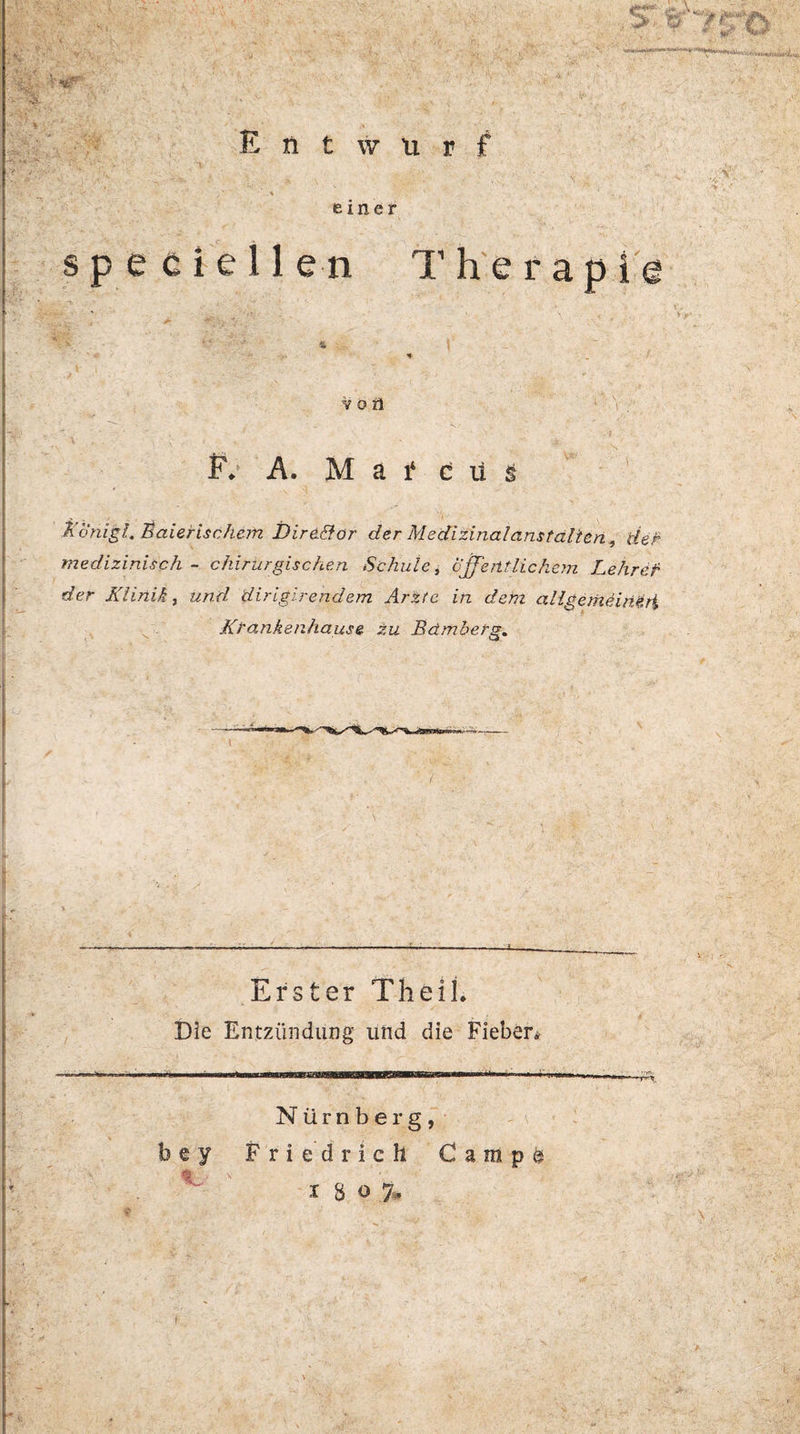 ST \ Entwurf einer speziellen T h e r a p I v o n *•••* V F* A. M a i4 c ü Konigl. Malerischem Diredor der Medizinal ans t alten, tfgr medizinisch - chirurgischen Schule, öffentlichem Lehre k der Klinik, und dirigirendem Arzte in dem allgemeiner*, Krankenhause zu Bdmberg. V Vir Erster TheiL Die Entzündung und die Fieber* Nürnberg, bey Friedrich Camp© x 8 o % i