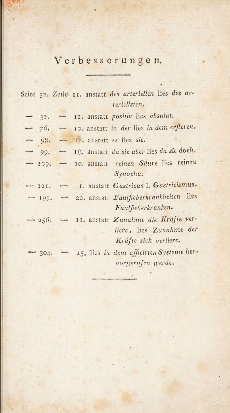 Verbesserungen. ♦ Seite 32, Zeile — WfC . __. / ü« ~~~ 98 • / — 99. — 109. — ' — 121. iii anstatt des arteriellen lies des flf» teriellsten. 12* anstatt positiv lies absolut. 10, anstatt in der lies in dem trfleveru 17. anstatt es lies sie, 18. anstatt da sie aber lies da sie doch« io* anstatt reinen Säure lies reinen Synocha. i. anstatt Gastricus L Gastriäsmus« 20; anstatt Faulfi eher kränklichen lies Faul fieberkranken. 11. anstatt Zunahme die Kräfte ver¬ liere, lies 7-jiinahmt der Kräfte sich verliere. 304; —- 25* lies in dem ajjicirten Systeme hit* vorgerufim werde-,