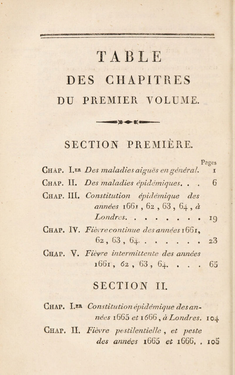 TABLE DES CHAPITRES DU PREMIER VOLUxME. SECTION PREMIERE. Pages Chap. Des maladies aiguës engénéraL i Chap. II. Des maladies épidémiques, , . 6 Chap. III. Constitution épidémique des années i66ï , 62 , 63 , 64 , à Londres.*19 Chap. IV. F Lèvre continue des années 62 , 63 , 64.23 Chap. V. Fièvre intermittente des années 1661, 62 , 63 , 64. ... 65 SECTION IL GhaP. I.er. Constitution épidémique desan^ nées 1665 et 1666 , à Londres, 104 Chap. II. Fièvre pestilentielle , et peste des années i665 et 1G66, . io5