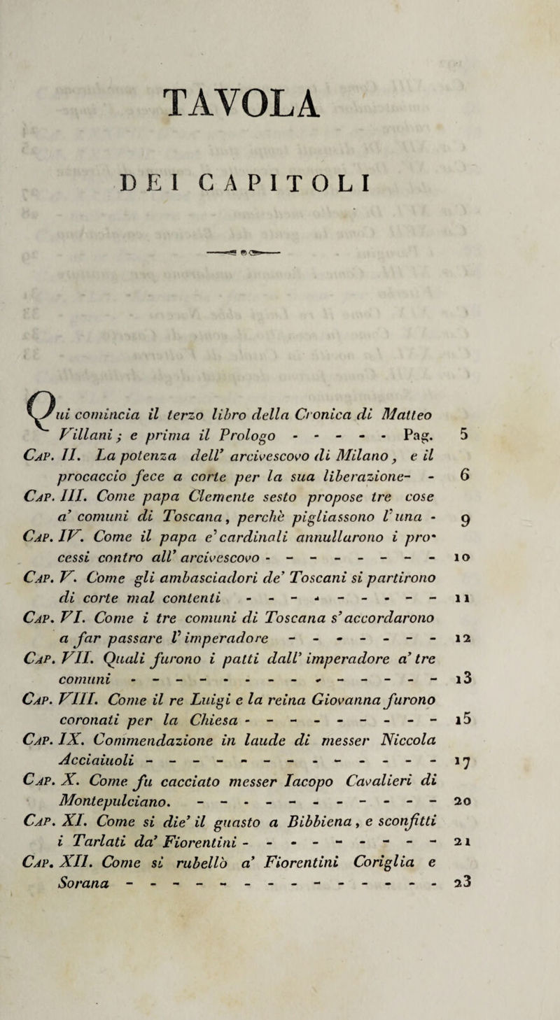 rara e di Modena , figliuolo del marchese Obiz- zo ; questo marchese Obizzo avea acquistato suo figliuolo Aldobrandino d'amore, avendo per mo¬ glie la figliuola di Romeo de’Peppoli di Bologna, della quale non ebbe figliuolo , e morta la detta donna, il marchese fece legittimare questo suo fi¬ gliuolo, e la madre si prese per moglie. E venendo a morte, lasciò la signoria di Ferrara e di Modena a questo suo figliuolo Aldobrandino, essendo d.’ illegittimo matrimonio. Il marchese Francesco fi¬ gliuolo del marchese Bertoldo, a cui parea che di ragione s’appartenesse la signoria, per la qual cosa temette che ’l marchese Aldobrandino per tema della signoria noi facesse morire , e però si partì di Ferrara; ed essendo rubidio, trattò con Galeazzo de’ Medici da Ferrara , eh’ era potente, e del se¬ greto consigliò del marchese Aldobrandino , e con altri cittadini di Ferrara , e per consiglio di costoro,per avere braccio forte, s’accostò con mes- ser Malatesta da Rimini. E del mese d’agosto del detto anno messer Malatesta in persona, e il det¬ to marchese Francesco, con cinquecento cava- valieri e quattromila pedoni valicarono per le terre del signore di Ravenna con sua volontà, e improvviso furono ad Argenta . E stati quivi quattro dì , attendendo risposta da coloro con cui teneano il trattato in Ferrara, e avuto da lo¬ ro come quello eh’ essi credevano poter fare non vedeano venisse loro fatto , però sanza sor prastare o fare alcuno danno di presente se ne partirono , dando voce che il signore di Raven¬ na avea chiuso il passo alla vittuaglia. E Galeaz¬ zo e altri che teneano al trattato uscirono di Ferrara , e andaronsene al gran Caue di Verona.