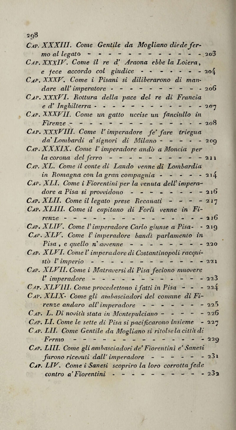 598 CyiP. XXXIII. Coinè Gentile da Mogliano diede fer- mo al legato - -- -- -- -- -- - 2o3 Cap.XXxIV. Come il re d\ Araona ebbe la Loiera ^ e fece accordo col giudice - - ----- 204 Cap. XXXy, Come i Pisani si diliberarono di man- \ dare alV imperatore ----------206 Cap. XXXVl. Rottura della pace del re di Francia e d* Inghilterra - -- -- -- -- -- - 20^ Cap. HXXyiI, Come un gatto uccise un fanciullo in Firenze - 208 Cap, XXXFIII. Come V imperudore fe^ fare triegua da' Lombardi a^ signori di Milano - - - - - 209 Cap, XXXIX. Come V imperadore andò a Monda per la corona del ferro - -- -- .- -- -211 Cap. XL. Come il conte di Landò venne di Lombardia in Romagna con la gran compagnia - - - - >214 Cap. XLI. Come i Fiorentini per la venuta dell impera-' dorè a Pisa si provvidono - - - - - - - - Cap.XLII. Come il legato prese Recanati - - - - 2:27 Cap. XLIIL Come il capitano di Forlì venne in Fi¬ renze -------_-_-_---2 26 Cap. XLIF. Come Vimperadore Carlo giunse a Pisa- - 219 Cap. XLF. Come V imperadore bandì parlamento in Pisa y e quello n avvenne - -- -- -- - 220 Cap. XLFL Come V imperadore di Costantinopoli racqui- stò V imperio ------------221 Cap. XLFII. Come i Matraversi di Pisa feciono muovere V imperadore - -- -- -- -- -- - 228 Cap. XLFllL Come procedettono ifatti in Pisa - - - 22 Cap. XLIX- Come gli amhasciadori del comune di Fi¬ renze andaro aW imperadore ------- 225 Cap. L. Di novità stata in Montepulciano - - - - - 226 Cap. li. Come le sette di Pisa si pacificarono insieme - 22^ Cap. Lll. Come Gentile da Mogliano si ritolse la città di Fermo - -- -- -- -- -- -- -229 Cap. lui. Come gli amhasciadori de* Fiorentini e* danesi furono ricevuti dall'imperadore - -- -- -23i Cap. Liy. Come i danesi scoprirò la loro corrotta fede contro a* Fiorentini - -- -- -- -- -232