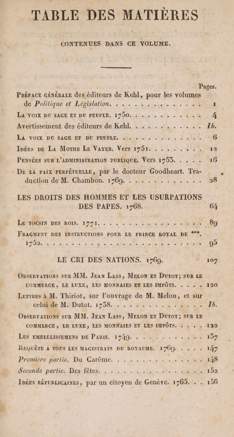 TABLE DES MATIÈRES CONTENUES DANS CE VOLUME. + Pages. PRÉFACE GÉNÉRALE des éditeurs de Kehl, pour les volumes de Politique et Législation. . . . 5 4. ax 280 276 NOR La voix DU SAGE ET DU PEUPLE. 1700... . . . . ARS + - . 4 Avertissement des éditeurs de Kehl, . . .. . .:. . . . .. Ib. LA°voIx DU SAGE ET DU PEUPLE. sis si à mis 6 Inées De La Morne Le Vayen. Vers 1951. . . . . . EST: PENSÉES SUR L'ADMINISTRATION PUBLIQUE. Vers 1#53. . . . . 16 De LA PAIX PERPÉTUELLE, par le docteur Goodheart. Tra- duction de M. CNANDON. 1700 MA Ur. ho a x 28 LES DROITS DES HOMMES ET LES USURPATIONS DES PAPES. 17068. 64 LE TOGSIN DES ROIS. 1771. is BR IR sd Tee 000 FRAGMENT DES INSTRUCTIONS POUR LE PRINCE ROYAL DE +, V0 PT EE RE TR OUR SES Pr Rte à 99 LE CRI DES NATIONS. 1769. 107 Osservarions sur MM. Jean Lass, Mecon Er Duror; SUR LE COMMERCE, LE LUXE» LES MONNAIES ET LES IMPÔTS. . . + + 120 Lerrres à M. Thiriot, sur l'ouvrage de M. Melon, et sur COURSE MBDutot. 1538. 4 AU OUS ES 6. OssEnvarions sur MM. Jean Lass, MELON ET DuroT; SUR LE COMMERCE ; LE LUXE, LES MONNAIES ET LES IMPÔTS. : . « . 122 LES EMBELLISSEMENS DE PaRis. 1749. «+ . . . . . + . . . . 197 REQUÊTE À TOUS LES MAGISTRATS DU ROYAUME. 1709. . . . . 147 Première partie. Du Garème. Mure MR 148 Seconde partie. Désfétes. 2411. Morles sécu 192 IDÉES RÉPUBLICAINES, par un citoyen de Genève. 1565. . . 196