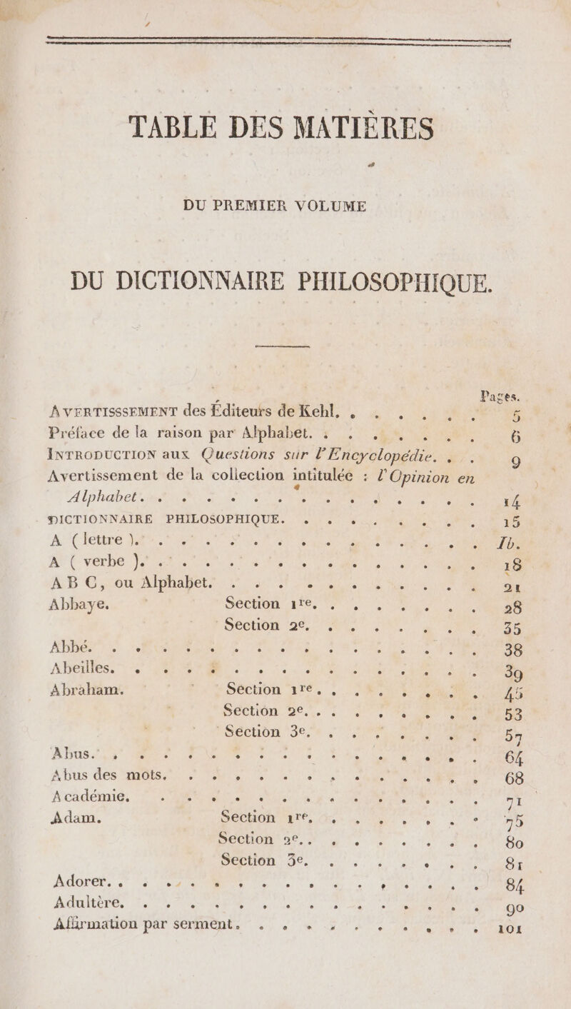 TABLE DES MATIÈRES «8 DU PREMIER VOLUME DU DICTIONNAIRE PHILOSOPHIQUE. À VERTISSSEMENT des Éditeurs de Kehl, . © Préface de la raison par Alphabet. ;: , . NOR 6 INTRODUCTION aux Questions sur FEtoyolonedie. M: 9 Avertissement de la coliecuon intitulée : : l'Opinion en Alphabet. à PR ME re RARE ï st D nos 0 ol A VONRE e. A (lettre 1 NE VOD A OR SU 2 E Ib. AN EF verbe JPA RE ON AB C, ou Alphabet. MC ARE PS DRE er END, - C Abbaye. Section 1re. se hell NE DCCLIOR AE. LS LUS d'A RE CAN LE +S ans 38 Maui Eee Une DORE: : 39 Abraham. 7” Séction 1re., En 4 F Section 2e... Section 3e, FC #00 A 03 ADUS 5 VE 2 SP nee RE A LE: ; 1m 64 Abus des MOI RENE NT SENS ARR ERTEEES À cadémie. ° sn oeliie het te He ° 71 Adam. Section zre, SR 75 Section 92e€., : ; $o Section 3e. PO PO ACER, 2 Te Te De ee Vo MONA 84 Aduitère. , ; 90 Aflrmation par serment. . , . .