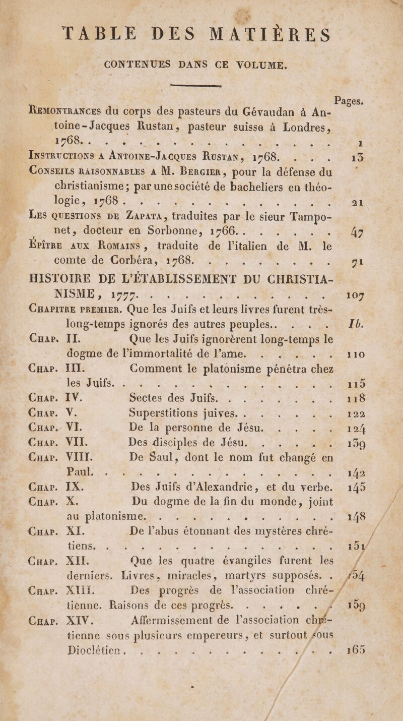 TABLE DES MATIÈRES CONTENUES DANS CE VOLUME. RemontRANCES du corps des pasteurs du Gévaudan à An- toine- Jacques Rustan, pasteur suisse à Londres, POS: Lit en IxsrRucrIoNS À A0 JL G0puE eee 1 768. CONSEILS RAISONNABLES À M. BERGIER, pour la défense du logie, 1768. : : Les QUESTIONS DE ZAPATA;, “due és re sieur x Tampo- _ net, docteur en Sorbonne, 1766. . Épîrre aux Romains, traduite de l'italien de M. le comte de Gorbéra, 1768. NISME , 17977. : CHAPITRE PREMIER. Que les J Le et 1e tes das trés long-temps ignorés des autres peuples. Car, II. Que les Juifs ignorèrent long-temps le dogme de l’immortalité de l’ame. . . . : Cuar. II. Comment le platonisme pénétra che les Juifs. . Crar. IV. dicies ds Juifs. Ft Crar. V. Superstitions juives. . . . . Crar. VI. De la personne de Jésu. . . . Car. VIT. Des,disciples de Jésu.. . . 2 Car. VIIT. De Saul, dont le nom fut changé en Paul. in | à Cuar. IX. Des juifs Men. et de ne Cuar. X. Du dogme de la fin du monde, joint au platonisme. . . 43 ; Cuar. XI. De l'abus ont des rivstotss diKe tiens, KR ÉCRIRE Car. XII. Que les ru évangiles furent les derniers, Livres, miracles, martyrs supposés. Caar. XII. Des progrès de l’association chré-, tiènne. Raisons de ces progrès. . . . . ’ Car. XIV. Affermissement de l'association ch tienne sous plusieurs empereurs, et surtout ous 107