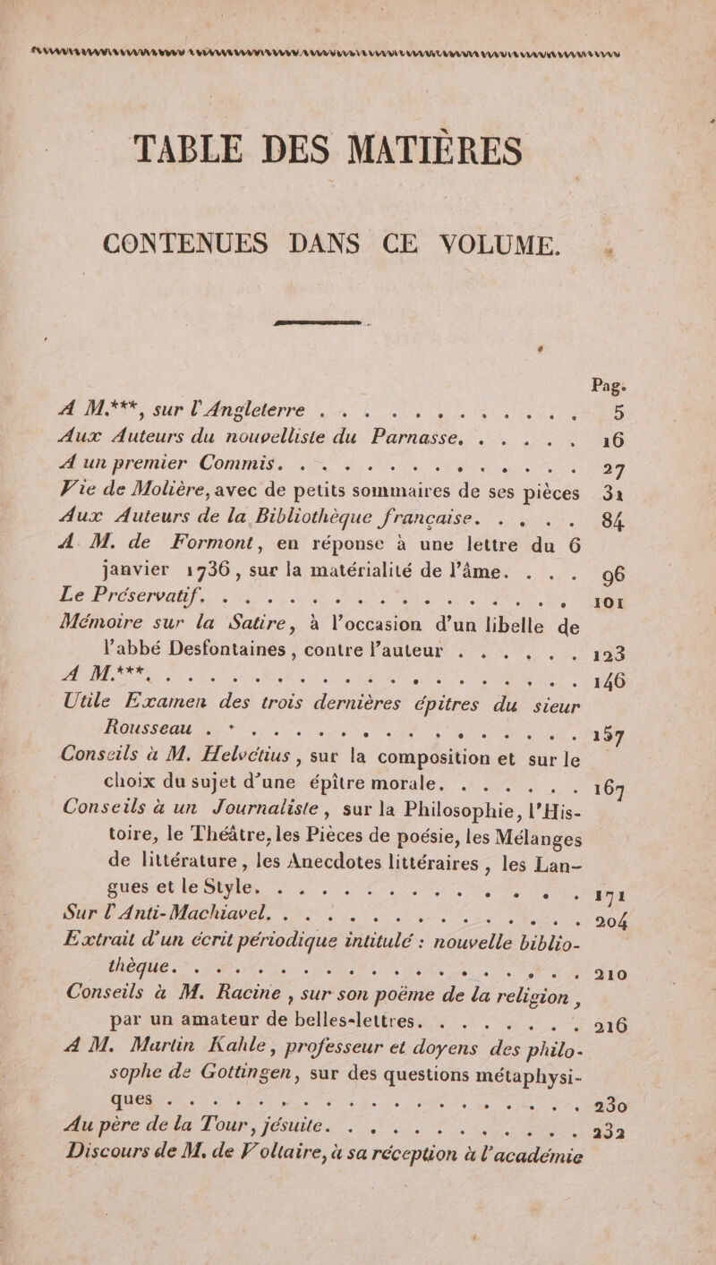 RAA MAMAN AA AA AA A A AE MA MANIA AV A AVR MAN RM TABLE DES MATIÈRES CONTENUES DANS CE VOLUME. : 4 Pag. A M**%*, sur l'Angleterre . . . sde Paie Re Ve RS Aux Auteurs du td du Pr ORNE AE ee à A un premier Commis. . . . . . Sarare Tue DR Vie de Molière, avec de petits sommaires de ses ces 31 Aux Auteurs de la Bibliothèque française. en ee 84 A M. de Formont, en réponse à une lettre du 6 janvier 1736, sur la matérialité de l'âme. . . . 96 Le Préservanf. . RCE ie 10 : IOI Mémoire sur la PER à Ééceis in us libelle dé l’abbé Desfontaines, contre l’auteur . . . , . . 193 ART 5 pe PUR AS à à tonte Uule Examen des trois dernières épitres du sieur Rousseau . : NT OP UE DD Conseils à M. rés: sur la composition et surle choix du sujet d’une épitre morale. . F +. 190 TOR Conseils à un Journaliste, sur la Philosophie, l’His- toire, le Théâtre, les Pièces de poésie, les! Mélanges de littérature, les Anecdotes littéraires , les Lan- TE 0 OR CT Ne D Sur l'Anti-Machiavel, . . : . . . . £ 11: 208 Extrait d’un écrit a intitulé : née biblio- | d'a CE MM Le , . e L] L2 C2 e e 210 Conseils à M. Racine , sur son de de la religion, par un amateur de belles-lettres. . . . 216 4 M. Martin Kahle, professeur et doyens dés et sophe de Éctinsen. sur des questions métaphysi- ques . : PE RTE ANT MERS Au père de la D ue. tee ee TO CA 2