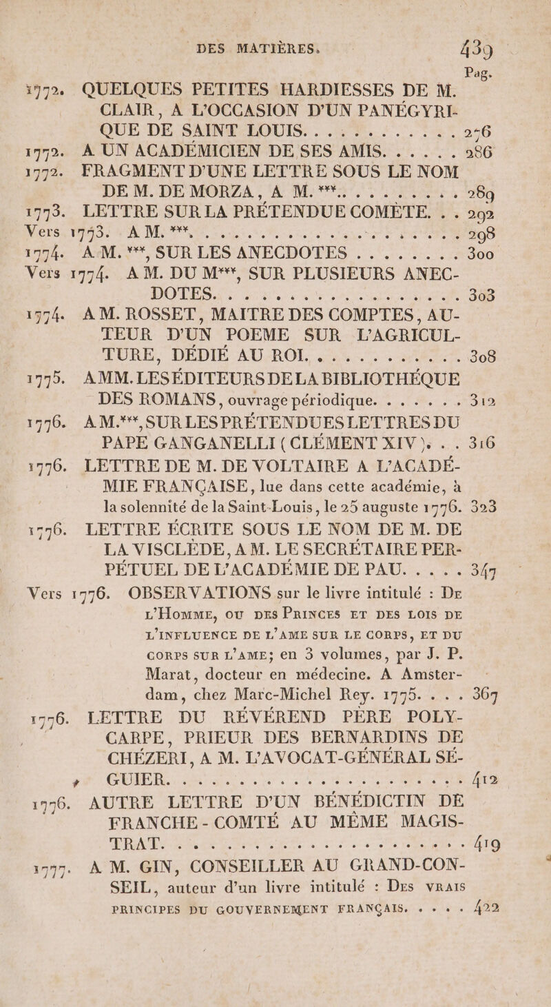 Pag. 1772 QUELQUES PETITES HARDIESSES DE M CLAIR, À L'OCCASION D'UN PANÉGYRI- QUE DE SAINT LOUIS....:....... 2-6 1772. À UN ACADEMICIEN DE SES AMIS. . .... 286 17972. FRAGMENT D'UNE LETTRE SOUS LE NOM DE M. DE MORZA , A Mira) ER, 289 1773. LETTRE SUR LA PRÉTENDUE COMÈTE. + 202 Vers. 1793. - À M, **, Re OP 1974 AM. **, SUR LES ANECDOTES . . ...... 300 Vers 1774. A M. DU M*#, SUR PLUSIEURS ANEC- DOTE are ne rar 303 17974 AM. ROSSET, MAITRE DES COMPTES , AU- TEUR D'UN POEME SUR L’AGRICUL.- TURE, DÉDIE AUROI, 8.7 : Mn 308 19795. AMM.LESFÉDITEURS DELA BIBLIOTHEQUE DES ROMANS, ouvrage périodique. . . . . .. 319 1576. AM.** SUR LES PRÉTENDUES LETTRES DU PAPE GANGANELLI ( CLÉMENT XIV . . 316 1776. LETTRE DE M. DE VOLTAIRE A L’ACADÉ- MIE FRANÇAISE, lue dans cette académie, à la solennité de la Saint-Louis, le 25 auguste 1776. 323 17570. LETTRE ÉCRITE SOUS LE NOM DE M. DE LA VISCLÉDE, À M. LE SECRÉTAIRE PER- PÉTUEL DE L'ACADÉ MIE DE PAU. . . .. 347 Vers 1776. OBSERVATIONS sur le livre intitulé : DE L'Homme, où DEs PRINCES ET DES LOIS DE L'INFLUENCE DE L’AME SUR LE CORPS, ET DU CORPS SUR L’AME; en 3 volumes, par J. P. Marat, docteur en médecine. A Amster- dam, chez Marc-Michel Rey. 1775. . . . 367 17376. LETTRE DU REVÉREND PÈRE POLY- CARPE, PRIEUR DES BERNARDINS DE CHÉZERI, À M. L’AVOCAT-GENERAL SE- a GR DE A aie 2 ne te à 00 0 tas 7e ORNE 412 1996. AUTRE LETTRE D'UN BÉNEDICTIN DE FRANCHE - COMTÉ AU MÊME MAGIS- RAT ES RE RE ER fe à Ve 419 1577. À M. GIN, CONSEILLER AU GRAND-CON- SEIL, auteur d’un livre intitulé : Drs vrais PRINCIPES DU GOUVERNEMENT FRANÇAIS, « . « . 422