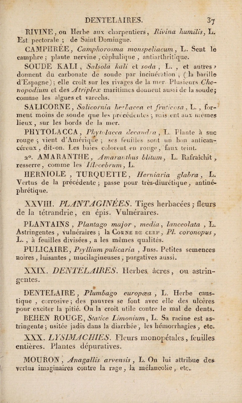 El VIN E, ou Herbe aux charpentiers, Rivina humilis, L. Est pectorale ; de Saint Domingue. CAMPHREE, Camphorosma monspeliacum, L. Sent le camphre; priante nervine , céphalique , anti arthritique. SOUDE KALI , Salsola kali et soda , L. , et autres > donnent du carbonate de soude par incinération , ( la bacille d'Espagne); elle croît sur les rivages de la mer Plusieurs Che- nopodium et des A triplex maritimes donnent aussi de la soude 5 comme les algues et varechs. SALICORNE, Salicornia he'lacea et fru'icosa, L. , for¬ ment moins de soude que les précédentes •, nais eut aux mêmes lieux , sur les bords de la mer. PHYTOLACCA, Phyt<lacca. découdra y L. Plante à suc rouge*, vient d Amérique ; scs feuilles soit un bon antican¬ céreux, dit-011. Les baies colorent en rouge, faux teint. 20. AMARANTHE, Amarâuthus blitum, L. Rafraîchit 7 resserre, comme les Illecebrum, L. HERNÏOLE , TURQUETTE, Herniaria glabra, L. Vertus de la précédente; passe pour très-diurétique, antiné- pbrétique. XXVIII. PLANTAGINÉES. Tiges herbacées ; fleurs delà tétrandrie, en épis. Vulnéraires. PLANTAINS, Plaiitago major , media, lanceolata , L, Astringentes, vulnéraires ; la Coüne de cef,f, PL coronopus y L. , à feuilles divisées , a les mômes qualités. PULICAIRE, Psyllium pulicaria , Juss. Petites semences noires, luisantes , mucilagineuses, purgatives aussi. XXIX. DENTE LA IRE S. Herbes, âcres, ou astrin- pentes. . . $ * DENTELA IRE, P lumbago europœa , L. Herbe caus¬ tique , corrosive ; des pauvres se font avec elle des ulcères pour exciter la pitié. On la croit utile contre le mal de dents. BEHEN ROUGE, Slalice Limonium, L. Sa racine est as- iringente ; usitée jadis dans la diarrhée , les hémorrhagies , etc» XXX. LYS IMAC NIES. Fleurs monopétales, feuilles entières. Plantes dépuratives. MOURON , Anagallis arvensis , L; O11 lui attribue des vertus imaginaires contre la rage, la mélancolie, etc.