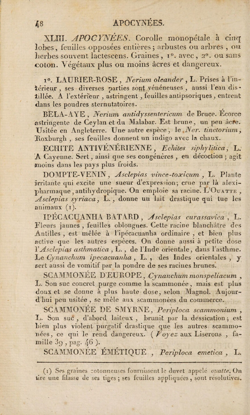 / 48 ÂPQCYNÉES. XLIIL APOCYNÊES. Corolle monopétale à cîikj lobes, feuilles opposées entières ; arbustes ou arbres , ou herbes souvent lactescens. Graines , i°. avec , 20. ou sans coton. Végétaux plus ou moins âcres et dangereux. i°. LAURIER-ROSE , Nerium oleander , L. Prises à Pin- ïérieur , ses diverses parties sord vénéneuses, aussi l’eau dis¬ tillée. A l’extérieur , astringent , feuilles antipsoriques, entrent dans les poudres sternutatoires. BELA-AYE , Nerium antidyssentericum de Bruce. Ecorce astringente de Geylan et du Malabar. Est brune, un peu âcre. Usitée en Angleterre. Une autre espèce, 1 e,Ner. tinûtorium, Roxburgh , ses feuilles donnent un indigo avec la chaux. ECRITE ANTIVÉNÉRIENNE, Echùes siphylitica, L. À Cayenne. Sert, ainsi que ses congénères , en décoction ; agit tnoins dans les pays plus froids. DOMPTE-VENIN, Asclepias vince-toæicum , L. Plante irritante qui excite une sueur d’expression*, crue par là alexi- pliarmaque, antihydropique. On emploie sa racine. L’Ouatte ? Asclepias syriaca, L., donne un lait drastique qui tue les animaux (1). IPÉCACUANHA BATARD , Asclepias curassavica , L. Fleurs jaunes , feuilles oblongues. Cette racine blanchâtre des Antilles , est mêlée à l’ipéçâcuanha ordinaire , et bien plus active que les autres espèces. On donne aussi à petite dose Y Asclepias asthmatica , L., de l’Inde orientale, dans l’asthme. Le Cynanchum ipecacuanha , L. , des Indes orientales , y sert aussi de vomitif par la poudre de ses racines brunes. SCAMMONÉE D’EUROPE, Cynanchum monspeliacum , L. Son suc concret purge comme la scammonée, mais est plus doux et se donne à plus haute dose, selon Magnol. Aujour- d hui peu usitée, se mêle aux scammonées du commerce. SCAMMONEE DE SMYRNE, Periploca scammonium , L. Son suc , d’abord laiteux , brunit par la dessication , est bien plus violent purgatif drastique que les autres scammo¬ nées, ce qui le rend dangereux. ( T'oyez aux Liserons , fa¬ mille , pag. 4b ). SCAMMONÉE ÉMÉTIQUE , Periploca emctiça , L. (1) Ses graines cotonneuses fournissent le duvet appelé ouatte. On tire une filasse de ses tiges ; ses feuilles appliquées , sont résolutives.