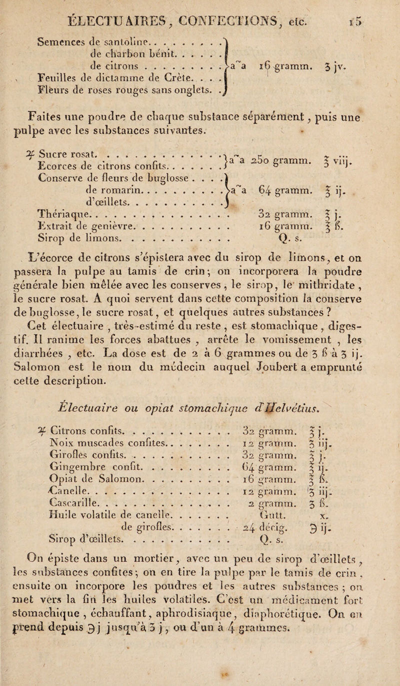 Semences de santoline.. de charbon bénit. de citrons.a 16 gramm. 5 jv. Feuilles de dictamme de Crète. . . . Fleurs de roses rouges sans onglets. % Faites une poudre de chaque substance séparément, puis une pulpe avec les substances suivantes. % Sucre rosat..« r -v ... Ecorces de citrons confits. ..... .)a a  ° 8ramtn* o V1,j* Conserve de fleurs de buglosse ... .1 de romarin. . . . .>a~* 64 gramm. î ij. d’œillets.3 Thériaque. . 02 gramm. ^ j. Extrait de genièvre. 16 gramm. 3- fi. Sirop de limons. Q. s. L’écorce de citrons s’épîslera avec du sirop de limons, et on passera la pulpe au tamis de crin; on incorporera la poudre générale bien mêlée avec les conserves, le sirop, le mithridate , le sucre rosat. A quoi servent dans cette composition fa conserve de buglosse, le sucre rosat, et quelques autres substances ? Cet électuaire , très-estimé du reste , est stomachique , diges¬ tif. Il ranime les forces abattues , arrête le vomissement , les diarrhées , etc. La dose est de 2 à 6 grammes ou de 3 fi à 3 ij. Salomon est le nom du médecin auquel Joubert a emprunté cette description. Electuaire ou opiat stomachique d Helvétius. Citrons confits. Noix muscades confites.. Girofles confits. Gingembre confit. . . . Opiat de Salomon. . . , Canelle. . . . Cascarille. ... Huile volatile de canelle. de girofles Sirop d’œillets. . . . . . 3s gramm. 12 gramm. ?j2 gramm. G 4 gramm. 16 gramm. 12 gramm. 2 gramm. Gutt. 24 décig. O. s. On épiste dans un mortier, avec un peu de sirop d’oeillets , les substances confites; on en tire la pulpe par le tamis de crin , ensuite on incorpore les poudres et les autres substances ; on met vers la fin les huiles volatiles. C’est un médicament fort stomachique , échauffant, aphrodisiaque, diaphorétique. On eu prend depuis 3 j jusqu à, 5 j ? ou d’un à 4 grammes.