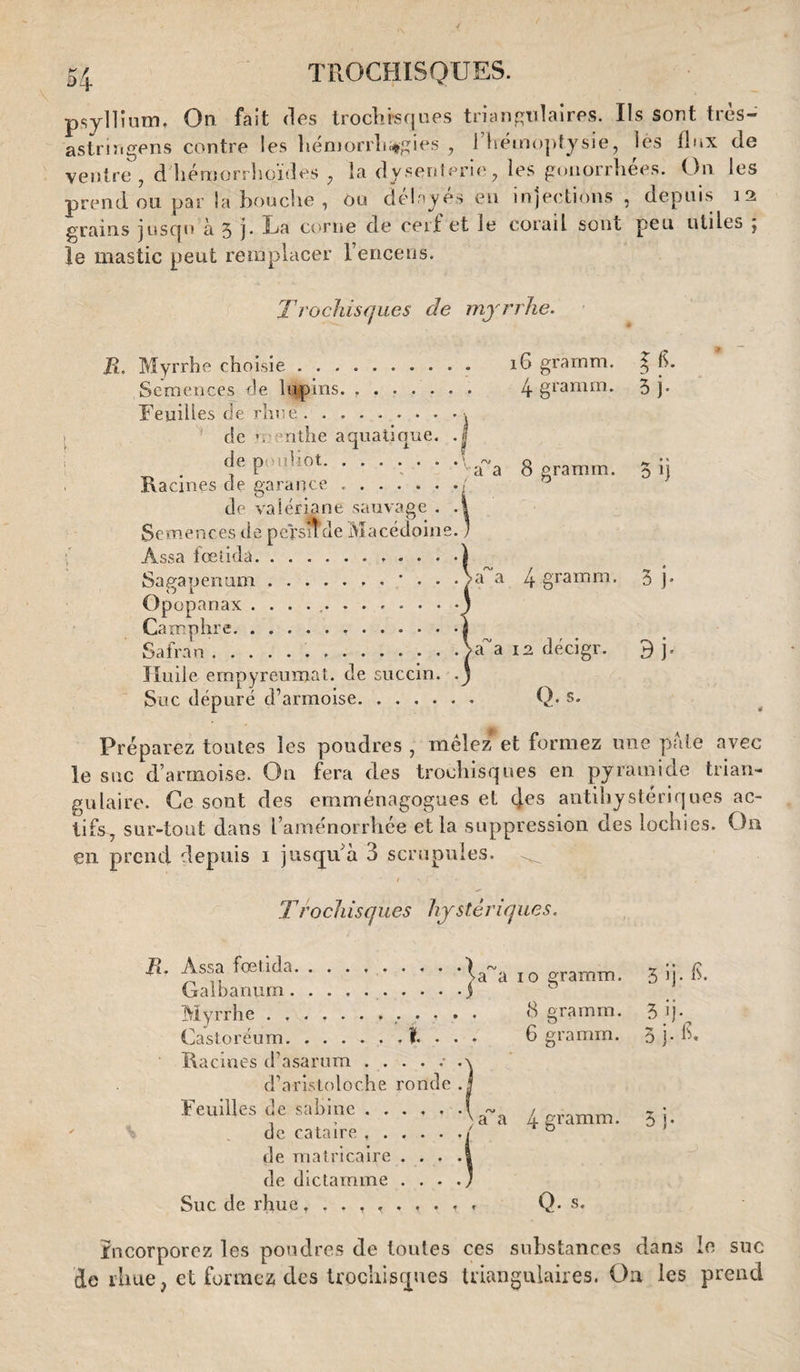 psyllium, On fait des trochisques triangulaires. Ils sont trés- astringens contre les hémorrhagies , 1 hémoptysie, lès flux de ventre , d'héraorrhoïdes , la dysenterie, les gonorrhées. On les prend ou par la bouche , ou délayés ,en injections, depuis 12 grains jusqu à 5 j* Ea corne de cerf et le corail sont peu utiles j le mastic peut remplacer l’encens. 5 j a~a 8 gramm. 5 ij Trochisques de myrrhe. H. Myrrhe choisie .. 16 gramm Semences de lupins. ....... 4 gramm Feuilles de rime . . .. de •. nthe aquatique. de poiiliot. Racines de garance .. de valériane sauvage . Semences de peïsude Macédoine Assa fœlida. Sagapenum., . • . . Opopanax ........... Camphre. Safran... Huile empyreumat. de succin. Suc dépuré d’armoise.. fs. >a a 4 gramm. >aa 12 décigr. Q. s. 3 h d'y Préparez toutes les poudres, mêlez*et formez une pâte avec le suc d’armoise. On fera des trochisques en pyramide trian¬ gulaire. Ce sont des emménagogues et 4es antihy steriques ac¬ tifs, sur-tout dans l’aménorrhée et la suppression des lochies. On en prend depuis 1 jusqu à 3 scrupules. ^ / . v jr • • 9 ■ 1 * t Trochisques hystériques. 8 gramm. 6 gramm. ^œtac'a.10 gramm. Galbanum.j Myrrhe ........... Castoréum.. , I. . . Racines d’asarum .....*. d’aristoloche ronde . Feuilles de sahine ...... de cataire .. de ma tri caire .... de dictamme .... Suc de rhue 5 ij- & 3 h- 3 j.-15- a~a 4 gramm. 3 j< . . , .. Q- s. Incorporez les poudres de toutes ces substances dans le suc de rhue, et formez des trochisques triangulaires. On les prend