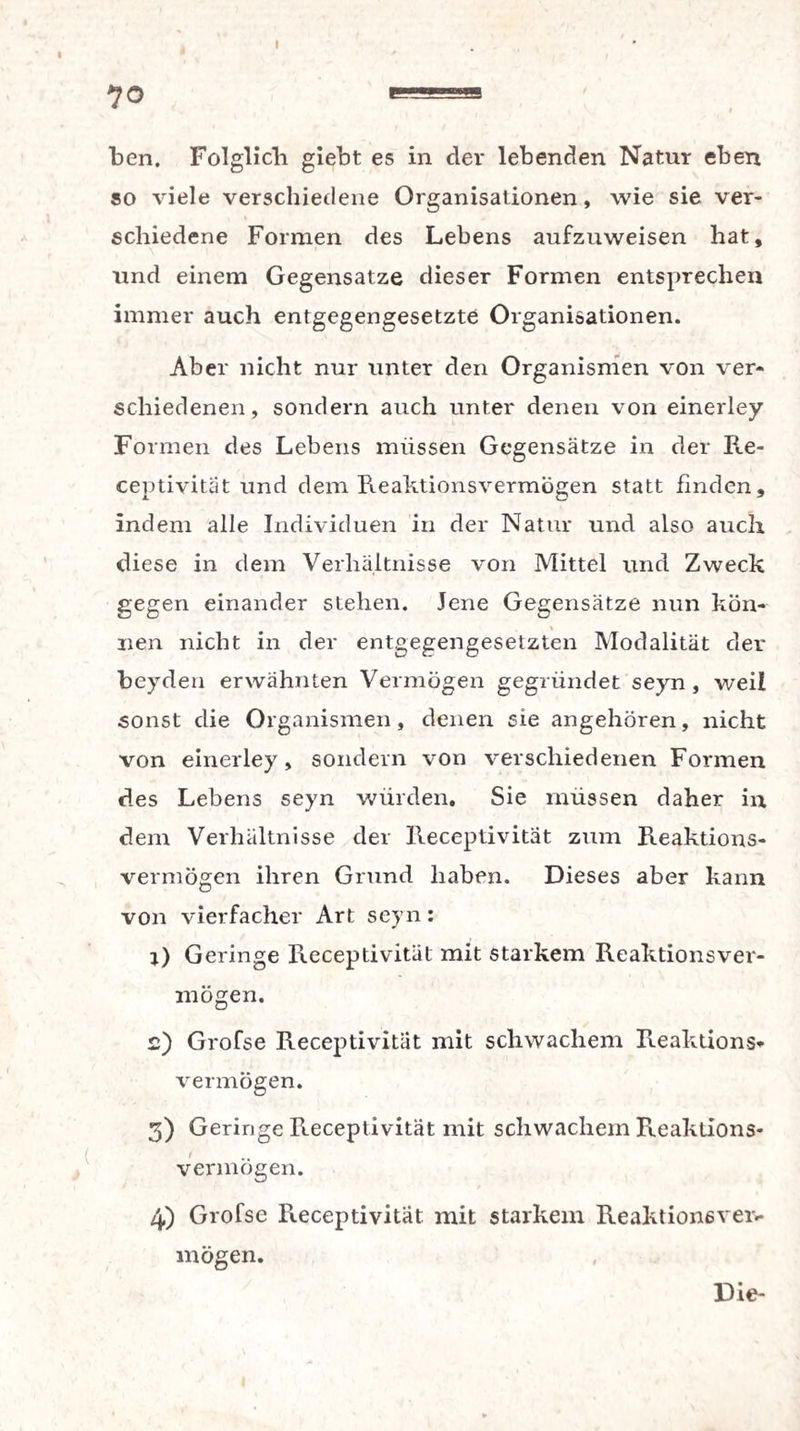 70 i—~a ben. Folglich giebt es in der lebenden Natur eben so viele verschiedene Organisationen, wie sie ver¬ schiedene Formen des Lebens aufzuweisen hat, und einem Gegensätze dieser Formen entsprechen immer auch entgegengesetzte Organisationen. Aber nicht nur unter den Organismen von ver¬ schiedenen, sondern auch unter denen von einerley Formen des Lebens müssen Gegensätze in der Iie- ceptivitat und dem Reaktionsvermögen statt finden, indem alle Individuen in der Natur und also auch diese in dem Verhältnisse von Mittel und Zweck gegen einander stehen. Jene Gegensätze nun kön¬ nen nicht in der entgegengesetzten Modalität der beyden erwähnten Vermögen gegründet seyn , weil sonst die Organismen, denen sie angehören, nicht von einerley, sondern von verschiedenen Formen des Lebens seyn würden. Sie müssen daher in dem Verhältnisse der Receptivität zum Reaktions¬ vermögen ihren Grund haben. Dieses aber kann von vierfacher Art seyn: j) Geringe Receptivität mit starkem Reaktionsver¬ mögen. s) Grofse Receptivität mit schwachem Reaktions¬ vermögen. 3) Geringe Receptivität mit schwachem Reaktions¬ vermögen. 4) Grofse Receptivität mit starkem Reaktionsver¬ mögen.