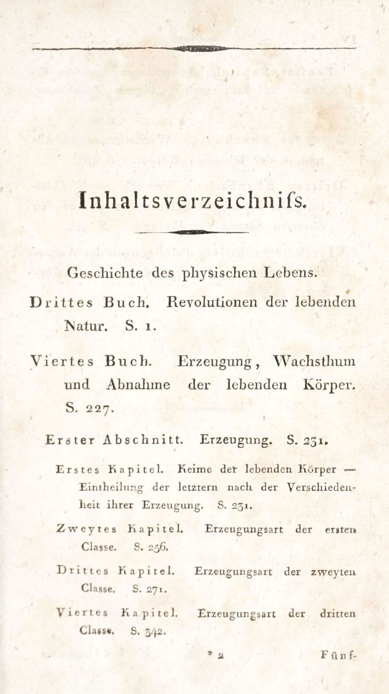 Inhaltsverzeichnifs. Geschichte des physischen Lehens. D r i 11 e s Buch. Revolutionen der lebenden iNatur. S. 1. Viertes Buch. Erzeugung, Wachsthum und Abnahme der lebenden Körper. S. 227. Erster Abschnitt. Erzeugung. S. 251. i Erstes Kapitel. Keime der lebenden Körper —- Eintheilung der letztem nach der Verschieden¬ heit ihrer Erzeugung. S. 251. Zweytes Kapitel. Erzeugungsart der ersten Classe. S. 256. Drittes Kapitel. Erzeugungsart der zweyten Classe. S. 271. Viertes Kapitel. Erzeugungsart der dritten Glass«. S. 342.