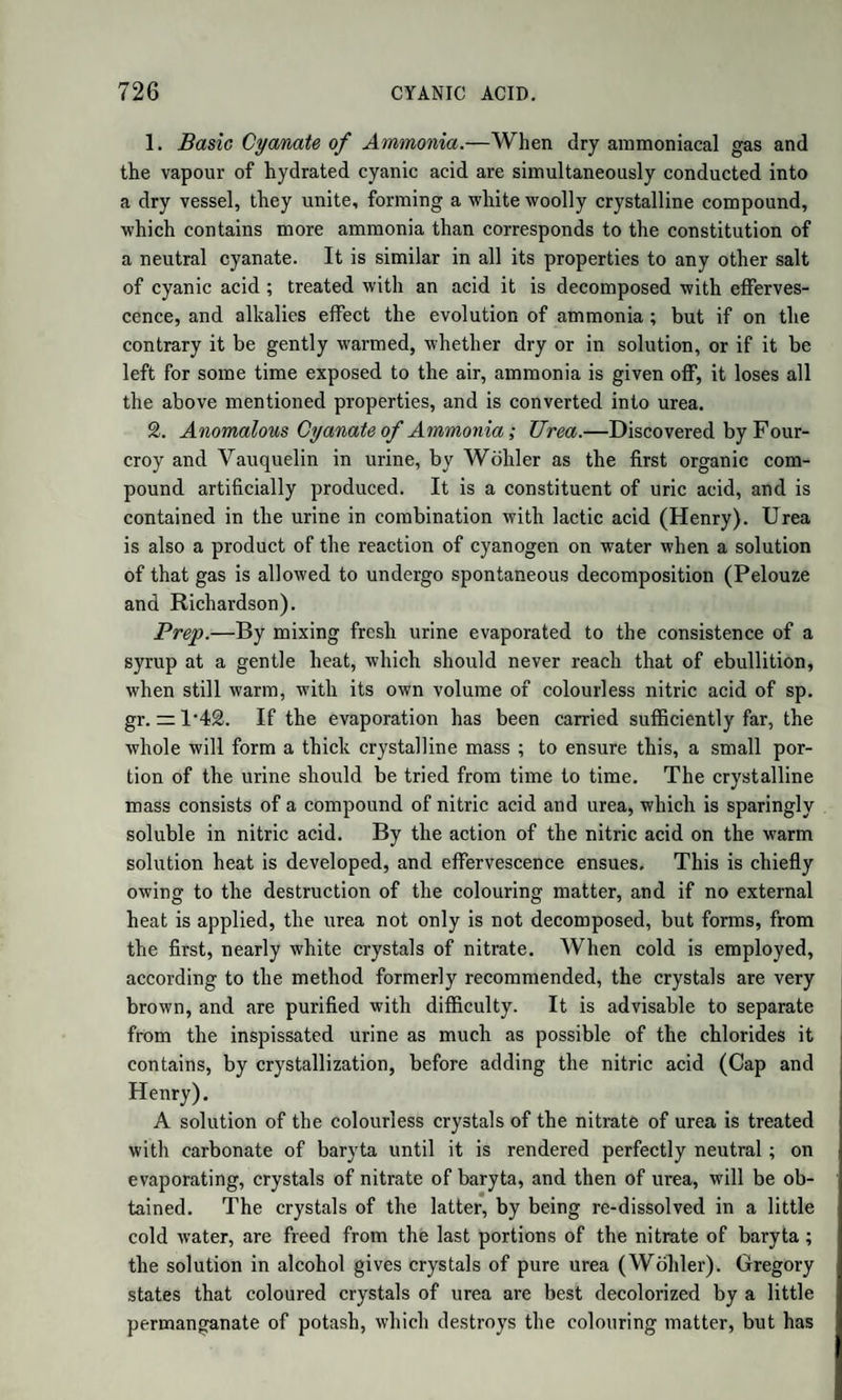 ant to know that there are certain facts apparently irreconcileable with this notion. For example, diabetic sugar, dried in vacuo, is repre¬ sented, according to Peligot and Prout, by C12H14014; while sugar of starch prepared by malt, according to Guerin, loses in vacuo 2 at. water, and becomes C12H12012. All experimenters on this subject agree that the sugar made from starch by sulphuric acid, the sugar of honey, and that made with malt, melt before 212°, and lose water. All these facts would go to show that the formula C12H14014 does not correspond to its composition at this temperature ; but De Saussure, on the other hand, obtained in the analysis of grape sugar, crystallized, and dried at 212°, results closely agreeing with that formula. GRAPE SUGAR WITH BASES. Peligot and some other chemists consider cane sugar and grape sugar as bodies which act towards bases like acids, producing with them regu¬ lar salts, which they call Saccharates. To this view Graham objects, that no acid is known which does not combine with potash and soda; which none of the sugars do. He considers sugar as a hydrated body, analogous rather to a hydrated salt, in which a certain portion of water is contained in a form different from water of crystallization, and may be replaced by oxide of lead, lime, or baryta, producing basic salts. Potash, soda, and oxide of silver, on the contrary, never replace but the truly basic water in a compound ; for which reason these bases form no subsalts (basic salts). This explains why they do not combine with sugar. Although these views of Graham are not absolutely established, since bodies exist, such as allantoine and others, capable of uniting with oxide of silver, although we cannot make them unite with potash, soda, or baryta, yet when we reflect that sugar easily combines with common salt, forming a compound exactly like a double salt, we must admit that they acquire a high degree of probability. If the compounds of sugar with bases are to be considered as salts, and sugar as an acid, we must also consider pyroxilic spirit as an acid; for it combines with lime and baryta, exactly like sugar, and also unites with chloride of calcium. Grape Sugar and Common Salt.—This compound crystallizes in fine double six-sided pyramids ; and is the only compound of grape sugar the composition of which is known with certainty. It is obtained by saturating with sea-salt a moderately strong solu¬ tion of grape sugar, and evaporating gently. Chloride of sodium is first deposited, and afterwards the bottom of the vessel is covered with