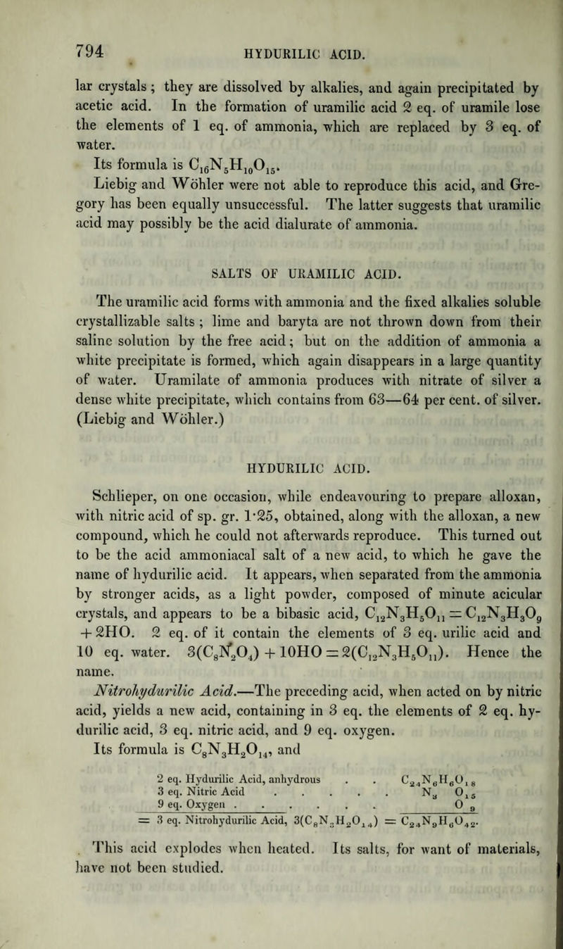 OXIDE OF ETHYLE AND SULPHURIC ACID. 877 also be present, along with the free alcohol, a hydrated acid with 6 at. water. JJut acid of this strength boils at 222°. g. When dry chlorine gas is passed through both the mixtures above mentioned, no hydrochloric acid is formed. Now, since free al¬ cohol boils at 173°, and is instantly decomposed by chlorine, with the production of hydrochloric acid, and other compounds containing chlo¬ rine, while the bisulphate of oxide of ethyle, on the contrary, is not altered by chlorine, the above facts show that the mixture contains no free alcohol. Further, since the oxide of ethyle and sulphuric acid in the mixture are present in the proportions in which they exist in the bisulphate of oxide of ethyle, it follows that the mixture can con¬ tain no free acid, and must, therefore, be considered as a compound of bisulphate of oxide of ethyle with water. h. When the mixture is heated beyond 284°, the bisulphate of oxide of ethyle is decomposed into ether and water, which distil over. An effervescence, similar to brisk ebullition, takes place, because the ether at that temperature assumes the form of gas. If oil of vitriol be added, the temperature must be raised to from 300° to 330° before this de¬ composition occurs ; and with a great excess of sulphuric acid the mix¬ ture blackens, yielding only traces of ether, while the greater part of it is resolved into new products. i. If alcohol be added to the original mixture, the alcohol passes over anhydrous, till the temperature rises to 258° or 260°, when traces of ether appear. At this temperature, therefore, the decomposition of the bisulphate of oxide of ethyle begins, when an excess of alcohol is present. If so much water is added as to keep its boiling point below 258°, alcohol alone, without ether, distils over. k. If a current of dry air be made to pass through the mixture while heated to 284°, the boiling point sinks to 270°, and this reduc¬ tion of temperature causes the production of ether to cease, alcohol alone passing over. All these phenomena are explained by the following considera¬ tions :— l. At temperatures above 284°, the bisulphate of oxide of ethyle is decomposed into ether which separates as gas, and sulphuric acid which mixes with the undecomposed portion. m. If we consider each particle of the bisulphate of oxide of ethyle as composed of ether, anhydrous sulphuric acid, and water, it is clear that the anhydrous acid, at the moment of its separation from the ether, must seize on all water, free or combined, in the vicinity of the ether. n. Thus, at the moment the ether becomes free, the anhydrous acid,