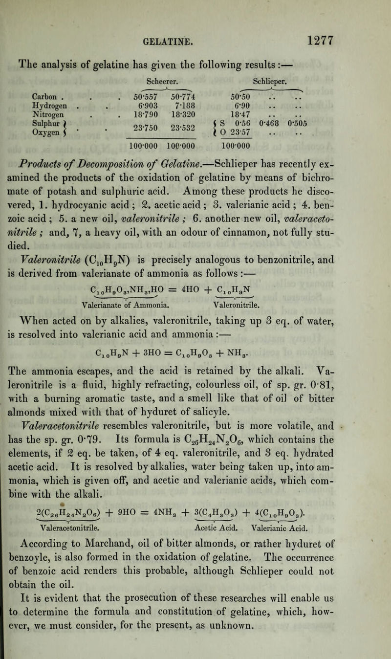 1168 LECANORINE.— ORCINE.— ERYTHRINE. in the Variolaria orcina, and considered it as pre-existent in that lichen. It has been shewn above to be a product of the decomposi¬ tion of lecanoric acid, and we shall see that it is also formed from other substances. Orcine forms large regular four-sided prisms, soluble in water and alcohol. The aqueous solution has a sweet taste. The crystals are fusible at 212°, and may be sublimed into a liquid, which, in contact with water, is reconverted into crystals of orcine. Orceine.—Orcine dissolves in the fixed alkalies, and the solution be¬ comes brown on exposure to the air. But, when dissolved in ammo¬ nia, it gradually acquires a deep blood-red colour, and there is formed a compound of ammonia with a new substance, orceine, which contains nitrogen as an essential element, besides that of the ammonia. On the addition of acetic acid orceine is precipitated as a brownish-red powder. Orceine is soluble in ammonia with a blood-red colour, in fixed al¬ kalies with a violet-red tint, and is precipitated unchanged by acids. With the salts of lead and silver the ammoniacal solution gives deep red precipitates. Robiquet has shewn, that, during the conversion of orcine into or¬ ceine, oxygen is absorbed, and orceine is the only product, except water. It is obvious that the composition of orcine must be closely re¬ lated to that of lecanoric acid, from the fact that the latter is decom¬ posed into the former, with the formation of carbonic acid. The analyses of orcine by Dumas, Will, and Schunck admit of two formulae for that substance in its crystallized state. These are, Cl6Hn07 and CI8H12°8- According to Schunck, 1 atom lecanoric acid = CI8H808 is resolved into 2 atoms carbonic acid = C204 and 1 atom anhydrous orcine = Cl6H804; to this are added 3 atoms water = H303 to produce 1 atom crystallized orcine = c16huo7. This enables us easily to explain the formation of orceine, the for¬ mula of which, according to the analysis of Dumas, is Cl6HgN07; for 1 atom crystallized orcine =Cl6HnO;, with the addition of 1 eq. am¬ monia NH3, and 5 eq. oxygen = C16H)4N012; and if from this sum 5 atoms water =H505 be removed, there remains 1 atom orceine = c16h9no7. According to Robiquet, the Variolaria dealhata, when boiled with alcohol, yields a decoction in which orcine is contained ; but it depo¬ sits on cooling crystals of another substance, which has not been fur¬ ther examined.