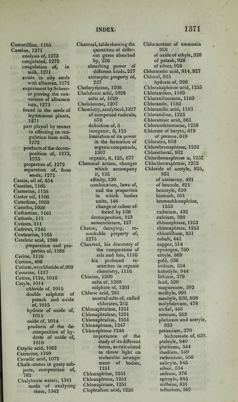 998 COMPOUNDS OF METHYLE OF UNCERTAIN CONSTITUTION. rated from these solutions by chloride of calcium and hydrate of pot¬ ash. Chlorine decomposes it, producing hydrochloric acid. When mixed with oil of vitriol, it becomes very hot, and is decomposed. Hydrate of lime converts it into acetate of lime and pyroxylic spirit. It dissolves many salts, vegetable acids, oils, both fixed and vola¬ tile, and several resins. It contains the same elements, in the same proportions, but differently grouped, as the formiate of oxide of etliyle; for C2H30,C4H303 = C4H50,C2H03.= C6H604. Mucate of Oxide of Methyle.—Formula, 2MeO + Mu. (Malaguti.) Prepared exactly as the mucate of ethyle, using pyroxylic spirit in¬ stead of alcohol. It is a white crystalline substance, decomposed by a heat of 326°. It is soluble in alcohol, from which it crystallizes in six-sided rhombic prisms. It is very soluble in water. The crystals from its aqueous solution have a density of P53, whereas those formed in alcohol have a density only of 1’48. COMPOUNDS OF METHYLE OF UNCERTAIN CONSTITUTION. Oxychlorocarbonate of Oxide of Methyle.—Formula, C4H3C104. (Dumas and Peligot.) The preparation and properties of this body are similar to those of the corresponding compound of ethyle. Dumas and Peligot express its constitution by the formula C2j^j! 1 + C2H30. According to this, it would be composed of oxide of methyle united to a peculiar acid. Urethylane.—The preceding compound, in contact with ammonia, appears to undergo a change analogous to that described under the corresponding compound of ethyle. Dumas and Peligot have shewn that there are formed sal-ammoniac and a deliquescent crystallizable mass, to which they have given the name Urethylane, corresponding to urethane, formerly described. It is, no doubt, the carbamidate of oxide of methyle : C4NH504 = MeO + C02,C0NH2. Sulphamethylane.—When a current of dry ammonia is passed through neutral sulphate of methyle, heat is developed, and a new sub¬ stance is formed, to which Dumas and Peligot have given the name of Sulphamethylane. It may also be obtained by using aqua ammoniae. In this case a liquid is obtained, which, if evaporated in vacuo, deposits large crystals of the new compound. It is very deliquescent. Its empirical formula is C2H5NS206. It is a compound analogous to oxamethylane : if the latter be represented by F C202,Ad,