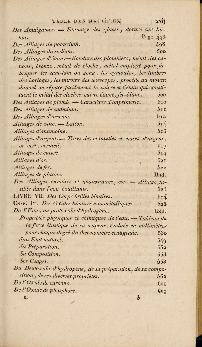 Des Amalgames. — Etamage des glaces , dorure sur lai¬ ton. Page 493 Des Alliages de potassium. lyfb Des Alliages de sodium. 5oo Des Alliages d'étain.— Soudure des plombiers ^ métal des ca¬ nons y bronze, métal de cloche , métçd employé pour fa¬ briquer les tam-tam ou gong ? les cymbales, les timbres des horloges > les miroirs des télescopes ; procédé au moyen duquel on sépare facilement le cuivre et l'étain qui consti¬ tuent le métal des cloches; cuivre étamé,fer-blanc. 5oo Des Alliages de plomb. — Caractères d'imprimerie. 510 Des Alliages de cadmium. 511 Des Alliages d'arsenic. 512, Alliages de zinc. — Laiton. 514. Alliages d'antimoine. 516 Alliages d'argent. Titres des monnaies et vases d'argent ? 5i 7 519 521 % 522 Ibid. Alliage fu- 523 624 525 Ibid, Tableau de or vert j, vermeil. Alliages de cuivre. Alliages d'or. Alliages defer. Alliages de p latin e. Des Alliages ternaires et quaternaires P etc. — sible dans Veau bouillante. LIVPiE VII. Des Corps brûlés binaires. Chap. Ier. Des Oxides binaires non métalliques. De l'Eau , ou protoxide d'hydrogène. Propriétés physiques et chimiques de l'eau. — la force élastique de sa vapeurévaluée en millimètres pour chaque degré du thermomètre centigrade. 53o Son Etat naturel. 549 Sa Préparation. 552 Sa Composition. 553 Ses Usages. 558 Du Deutoxide d'hydrogène^ de sa préparation; de sa compo¬ sition y de ses diverses propriétés. 56x De l'Oxide de carbone. 60 ï De l'Oxule de phosphore, 1. N b