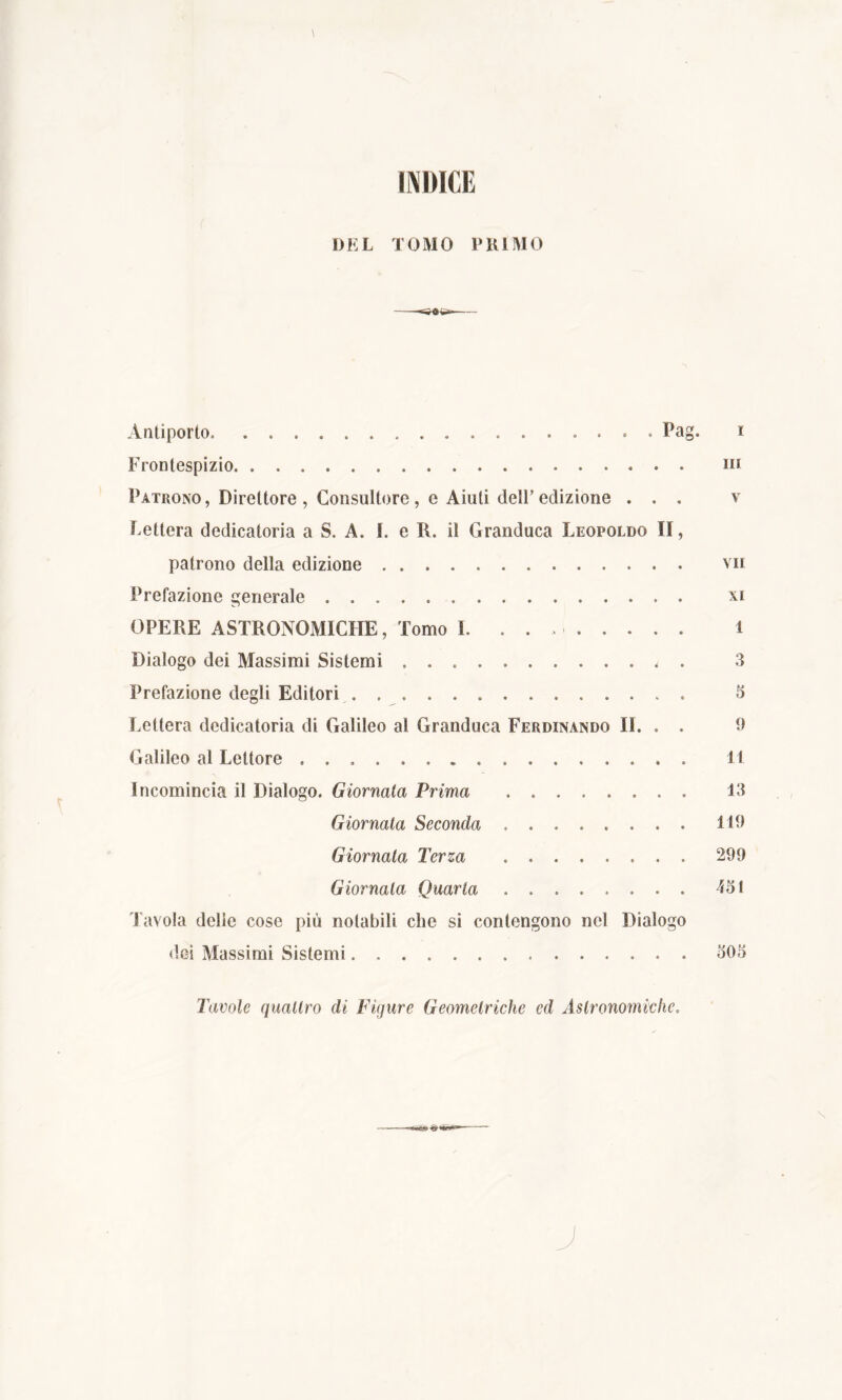 INDICE DEL TOMO PRIMO Antiporto Pag. i Frontespizio ni Patrono, Direttore, Consultore, e Aiuti dell’edizione ... v Lettera dedicatoria a S. A. 1. e R. il Granduca Leopoldo II, patrono della edizione vii Prefazione generale vi OPERE ASTRONOMICHE, Tomo I. 1 Dialogo dei Massimi Sistemi . 3 Prefazione degli Editori 3 Lettera dedicatoria di Galileo al Granduca Ferdinando II. . . 9 Galileo al Lettore 11 Incomincia il Dialogo. Giornata Prima 13 Giornata Seconda 119 Giornata Terza 299 Giornata Quarta 451 Tavola delie cose più notabili che si contengono nel Dialogo dei Massimi Sistemi 505 Tavole quattro di Figure Geometriche ed Astronomiche. \