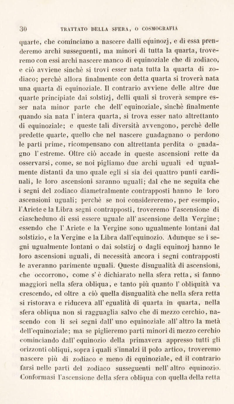 quarte, che cominciano a nascere dalli equinozj, e di essa pren- deremo archi susseguenti, ma minori di tutta la quarta, trove- remo con essi archi nascere manco di equinoziale che di zodiaco, e ciò avviene sinché si trovi esser nata tutta la quarta di zo- diaco; perchè allora finalmente con detta quarta si troverà nata una quarta dì equinoziale. Il contrario avviene delle altre due quarte principiate dai solstizj, delli quali si troverà sempre es- ser nata minor parte che dell’equinoziale, sinché finalmente quando sia nata l’intera quarta, si trova esser nato altrettanto di equinoziale; e queste tali diversità avvengono, perchè delle predette quarte, quello che nel nascere guadagnano o perdono le parti prime, ricompensano con altrettanta perdita o guada- gno l’estreme. Oltre ciò accade in queste ascensioni rette da osservarsi, come, se noi pigliamo due archi uguali ed ugual- mente distanti da uno quale egli si sia dei quattro punti cardi- nali, le loro ascensioni saranno uguali; dal che ne seguita che i segni del zodiaco diametralmente contrapposti hanno le loro ascensioni uguali; perchè se noi considereremo, per esempio, l’Ariete e la Libra segni contrapposti, troveremo l’ascensione di ciascheduno di essi essere uguale all’ascensione della Vergine; essendo che l’Ariete e la Vergine sono ugualmente lontani dal solstizio, e la Vergine e la Libra dall’equinozio. Adunque se i se- gni ugualmente lontani o dai solstizj o dagli equinozj hanno le loro ascensioni uguali, di necessità ancora i segni contrapposti le averanno parimente uguali. Queste disugualità di ascensioni, che occorrono, come s’ è dichiarato nella sfera retta, si fanno maggiori nella sfera obliqua, e tanto più quanto 1’ obliquità va crescendo, ed oltre a ciò quella disugualità che nella sfera retta si ristorava e riduceva all’egualità di quarta in quarta, nella sfera obliqua non si ragguaglia salvo che di mezzo cerchio, na- scendo con li sei segni dall’ uno equinoziale all’ altro la metà dell’equinoziale; ma se piglieremo parti minori di mezzo cerchio cominciando dall’ equinozio della primavera appresso tutti gli orizzonti obliqui, sopra i quali s’innalzi il polo artico, troveremo nascere più di zodiaco e meno di equinoziale, ed il contrario farsi nelle parti del zodiaco susseguenti nell’ altro equinozio. Conformasi l’ascensione della sfera obliqua con quella della retta