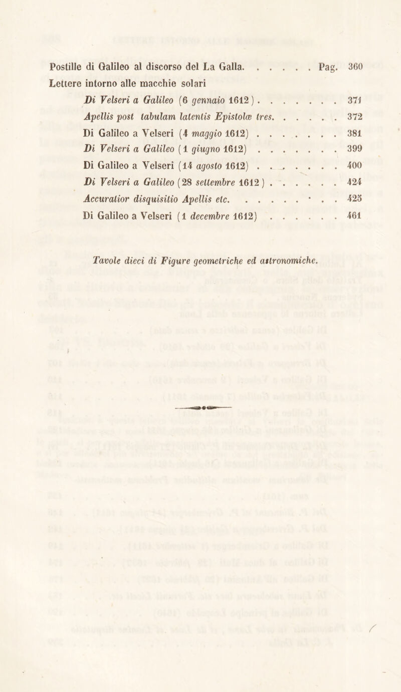 Postille di Galileo al discorso del La Galla Pag. 360 Lettere intorno alle macchie solari Di Velseri a Galileo (6 gennaio 1612) 371 Apellis post tabulam latentis Epistolce tres 372 Di Galileo a Velseri (4 maggio 1612) 381 Di Velseri a Galileo ( 1 giugno 1612) 399 Di Galileo a Velseri (14 agosto 1612) ........ 400 Di Velseri a Galileo (28 settembre 1612 ) 424 Accuratior disquisitio Apellis etc * . . 425 Di Galileo a Velseri (1 decembre 1612) ...... 461 Tavole dieci di Figure geometriche ed astronomiche.