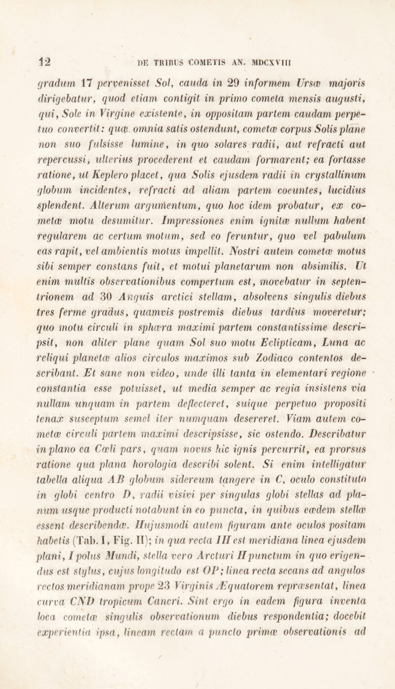 gradum 17 pervenisset Sol, cauda in 29 informem llrsee majoris dirigebatur, quod etiam contigit in primo cometa mensis augusti, qui, Sole in Virgine exis tente, in oppositam partem caudam perpe- tuo convertit: quae omnia satis ostendunt, cometae corpus Solis plane non suo fulsisse lumine, in quo solares radii, aut refracti aut repercussi, ulterius procederent et caudam formarent; ea fortasse ratione, ut Keplero placet, qua Solis ejusdem radii in crystallinum globum incidentes, refracti ad aliam partem coeuntes, lucidius splendent. Alterum argumentum, quo hoc idem probatur, ex co- metee motu desumitur. Impressiones enim ignitee nullum habent regularem ac certum motum, sed eo feruntur, quo vel pabulum eas rapit, vel ambientis motus impellit. Nostri autem cometee motus sibi semper constans fuit, et motui planetarum non absimilis. Ut enim multis observationibus compertum est, movebatur in septen- trionem ad 30 Anguis ardici stellam, absolvens singulis diebus tres ferme gradus, ciuamvis postremis diebus tardius moveretur; equo motu circuli in spheera maximi partem constantissime descri- psit, non aliter plane quam Sol suo motu Eclipticam, Luna ac reliqui planetae alios circulos maximos sub Zodiaco contentos de- scribant. Et sane non video, unde illi tanta in elementari regione constantia esse potuisset, ut media semper ac regia insistens via nullam unquam in partem deflecteret, suique perpetuo propositi tenax susceptum semel iter numquam desereret. Viam autem co- metae circuli partem maximi descripsisse, sic ostendo. Describatur in plano ea Coeli pars, quam novus hic ignis percurrit, ea prorsus ratione equa plana horologia describi solent. Si enim intelligatur tabella aliqua AB globum sidereum tangere in C, oculo constituto in globi centro D, radii visivi per singulas globi stellas ad q)la- num usque producti notabunt in eo puncta, in quibus eaedem stellae essent describendae. Hujusmodi autem figuram ante oculos positam habetis (Tab. I, Fig. II); in qua recta IIIest meridiana linea ejusdem plani. I polus Mundi, stella vero Arcturi IIpunctum in quo erigen- dus est stylus, cujus longitudo est OP; linea recta secans ad angulos rectos meridianam prope 23 Virginis /Equatorem repraesentat, linea curva CND tropicum Cancri. Sint ergo in eadem figura inventa loca cometae singulis observationum diebus respondentia; docebit experientia ipsa, Uncam rectam a puncto primae observationis ad /