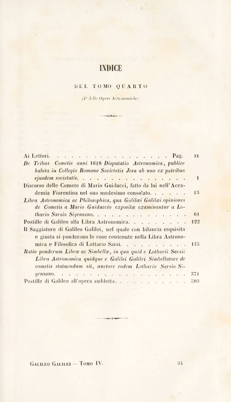 INDIGE It E L T O MO Q U A R T O (4° (ielle Opere Astronomiche) Ai Lotiori Pag. ix De Tribus Cometis anni 1(518 Disputatio Astronomica, publico habita in Collegio Romano Societatis Jesu ab i ino ex patribus ejusdem societatis 1 Discorso delle Comete di Mario Guiducci, fatto da lui nell’Acca- demia Fiorentina nel suo medesimo consolato lo Libra Astronomica ac Philosophica, qua Galileci Galilcei opiniones de Cometis a Mario Guidacelo cxposilcc examinantur a Lo- thario Sur sio Siijensano Gl Postille di Galileo alla Libra Astronomica 122 11 Saggiatore di Galileo Galilei, nel quale con bilancia esquisita c giusta si ponderano le cose contenute nella Libra Astrono- mica e Filosofica di Lollario Sarsi 145 Ratio ponderum Librai ac Simbolico f in qua quid e Lotharii Sarsii Libra Astronomica quidquc c Galilei Galilei Simbellatore de cometis statuendum sil, auctore eodem Lolhario Sarsio Si- qensano 571 Postille di Galileo all'opera suddetta 505 54 Galileo Galilei Tomo IN.