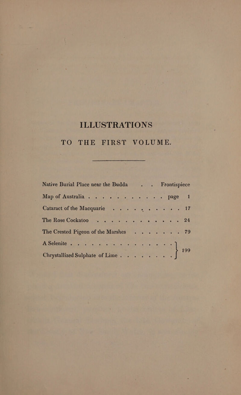 ILLUSTRATIONS TO THE FIRST VOLUME. Native Burial Place near the Budda . . Frontispiece Da AtOt AMSTAURs clleots adres h ahs nt se - page’. % Cateract of the Macquarie -%.8) 0b re AE Pemier FLO (COGRALOO tt ea ey es eg oe ea a ee The Crested Pigeon of the Marshes ...... . 79 JES SESS OSES Poe ne eee ae 199 Chrystallized Sulphate of Lime . er ey, « |