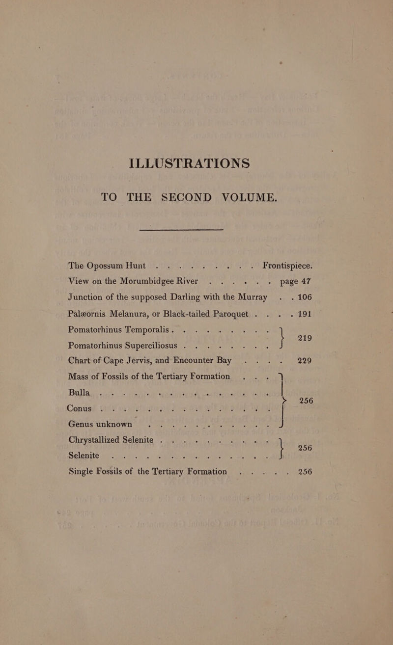 ILLUSTRATIONS TO THE SECOND VOLUME. The Opossum Hunt . . . . . . . . . Frontispiece. View on the Morumbidgee River . . . . . . page 47 Junction of the supposed Darling with the Murray . . 106 Paleornis Melanura, or Black-tailed Paroquet . . . . 191 Pomatorhinus Temporalis, 6. 9. 2. . 03). \ 219 Pomatorhinus Superciliosus . pad Chart of Cape Jervis, and Encounter Bay . . . . 229 Mass of Fossils of the Tertiary Formation 7 Bulla | e 256 Conus Genus unknown J Chrystallized Selenite . : \ 256 Selenite Single Fossils of the Tertiary Formation . . . . . 256