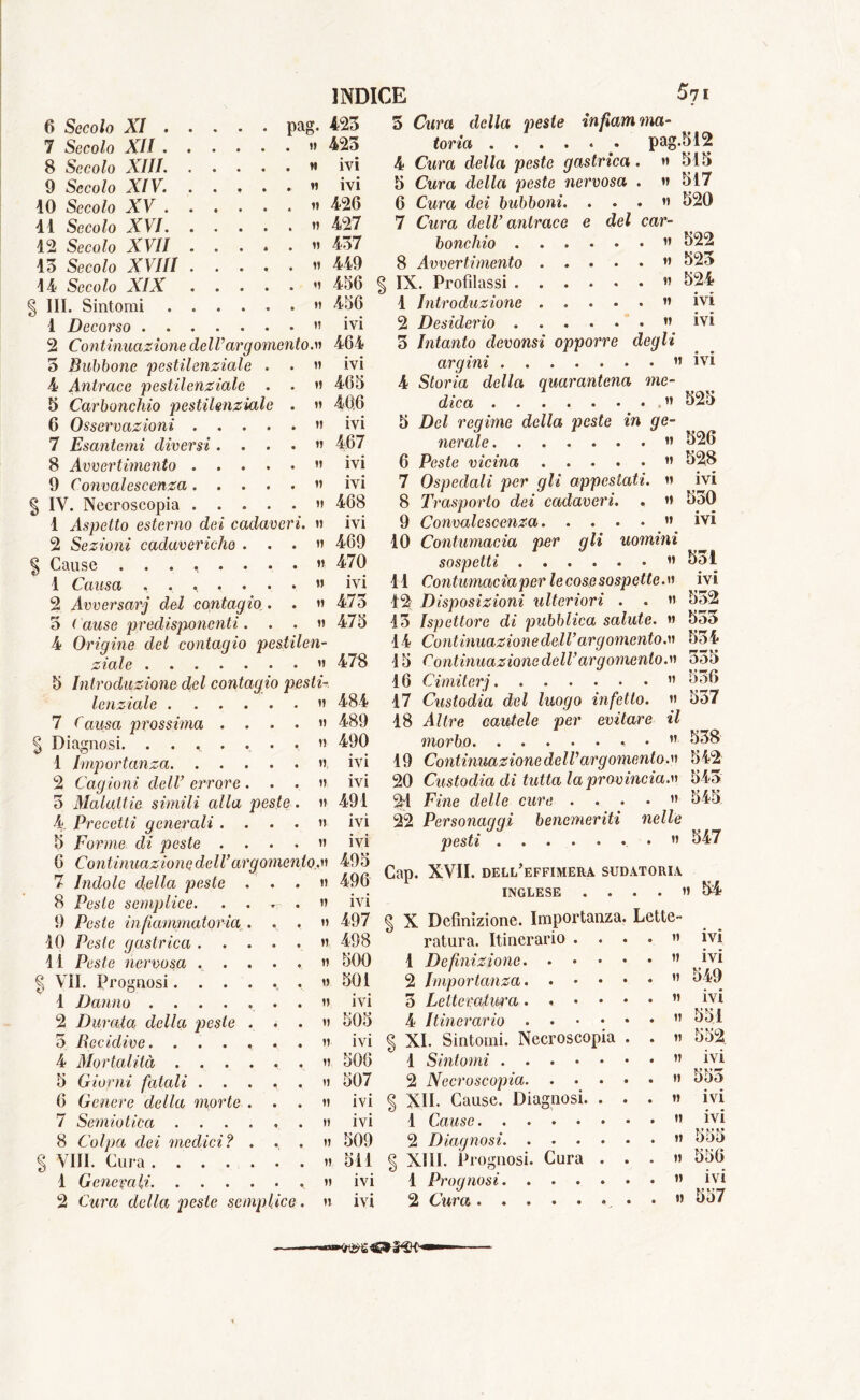 7 Secolo XII . 8 Secolo XIII. 9 Secolo XIV. 40 Secolo XV . 41 Secolo XVI. 42 Secolo XVII 43 Secolo XVIII 44 Secolo XIX § III. Sintomi 4 Decorso . . INDICE 571 423 tona pag.312 4 Cura della peste gastrica. » 513 3 Cura della peste nervosa . » 517 6 Cura dei bubboni. ... » 520 7 Cura dell’ antrace e del car- bonchio v 522 8 Avvertimento ” 523 » 11 *1 II II 11 IVI • • IVI 426 427 437 ii 449 •i 456 § IX. Profilassi . 456 ivi i? 524 it ivi ii ivi ii ii ii ti » ii ii i» ivi 465 40,6 ivi 467 ivi ivi 468 ivi 2 Continuazione dell’argomento.n 464 5 Bubbone pestilenziale . 4 Antrace pestilenziale . 5 Carbonchio pestilenziale 6 Osservazioni . 7 Esantemi diversi 8 Avvertimento . 9 Convalescenza . § IV. Necroscopia . 1 Aspetto esterno dei cadaveri. » 2 Sezioni cadaveriche ...» 469 § Cause ...,....» 470 4 Causa ....... v ivi 2 Avversarj del contagioi. . » 473 3 ( ause predisponenti. . . » 475 4 Origine del contagio pestilen- ziale » 478 5 Introduzione elei contagio pesti- lenziale 7 Causa prossima .... | Diagnosi. . . ^ . .. . 1 Importanza 2 Cagioni dell’ errore . . . 3 Malattie simili alla peste. 4. Precetti generali .... 5 Forme di peste .... 0 Continuazione dell’argomen to.» 495 7 Indole della peste ...» 496 » n » » » » » ii 484 489 490 ivi ivi 491 ivi ivi 1 Introduzione 2 Desiderio 3 Intanto devonsi opporre degli argini » ivi 4 Storia della quarantena me- dica ” 5 Del regime della peste in ge- nerale . » 6 Peste vicina ” 7 Ospedali per gli appestati. » 8 Trasporlo dei cadaveri. . » 9 Convalescenza ” 40 Contumacia per gli uomini sospetti ” 11 Contumacia per le cose sospette. » 42 Disposizioni ulteriori . . » 43 Ispettore di pubblica salute. » 535 14 Continuazione dell’argomento.» 534- 15 Continuazione dell’argomento.» 335 46 Cimiterj 11 536 17 Custodia del luogo infetto. » 537 18 Altre cautele per evitare il morbo • » 538 19 Continuazione dell’argomento.» 542 20 Custodia di tutta la provincia.» 543 24 Fine delle cure .... » 545 22 Personaqqi benemeriti nelle pesti » 547 Cap. XVII. dell’effimera sudatoria INGLESE .... » 54 525 526 528 ivi 530 ivi 531 ivi 532 8 Peste semplice. .... » ivi 9 Peste infiammatoria . , . » 497 § X Definizione. Importanza. Lette » 498 » 500 » 501 10 Peste gastrica . 11 Peste nervosa | VII. Prognosi. 1 Danno . » ivi 2 Durata della peste ...» 505 5 Recidive. ...,..» ivi 4 Mortalità .....,» 506 5 Giorni falcili ...,.» 507 6 Genere della morte . . . » ivi 7 Semiotica » ivi 8 Colpa dei medici? ...» 509 § Vili. Cura » 511 1 Generali » ivi 2 Cura della peste semplice. » ivi ratura. Itinerario 1 Definizione. 2 Importanza. 3 Letteratura. 4 Itinerario . XI. Sintomi. Necroscopia 1 Sintomi .... 2 Necroscopia. . . XII. Cause. Diagnosi 1 Cause 2 Diagnosi. XIII. Prognosi. Cura 1 Prognosi. . . . 2 Cura ivi ivi 549 ivi » 551 ii » » 553 ivi » » ivi ivi » 555 » »