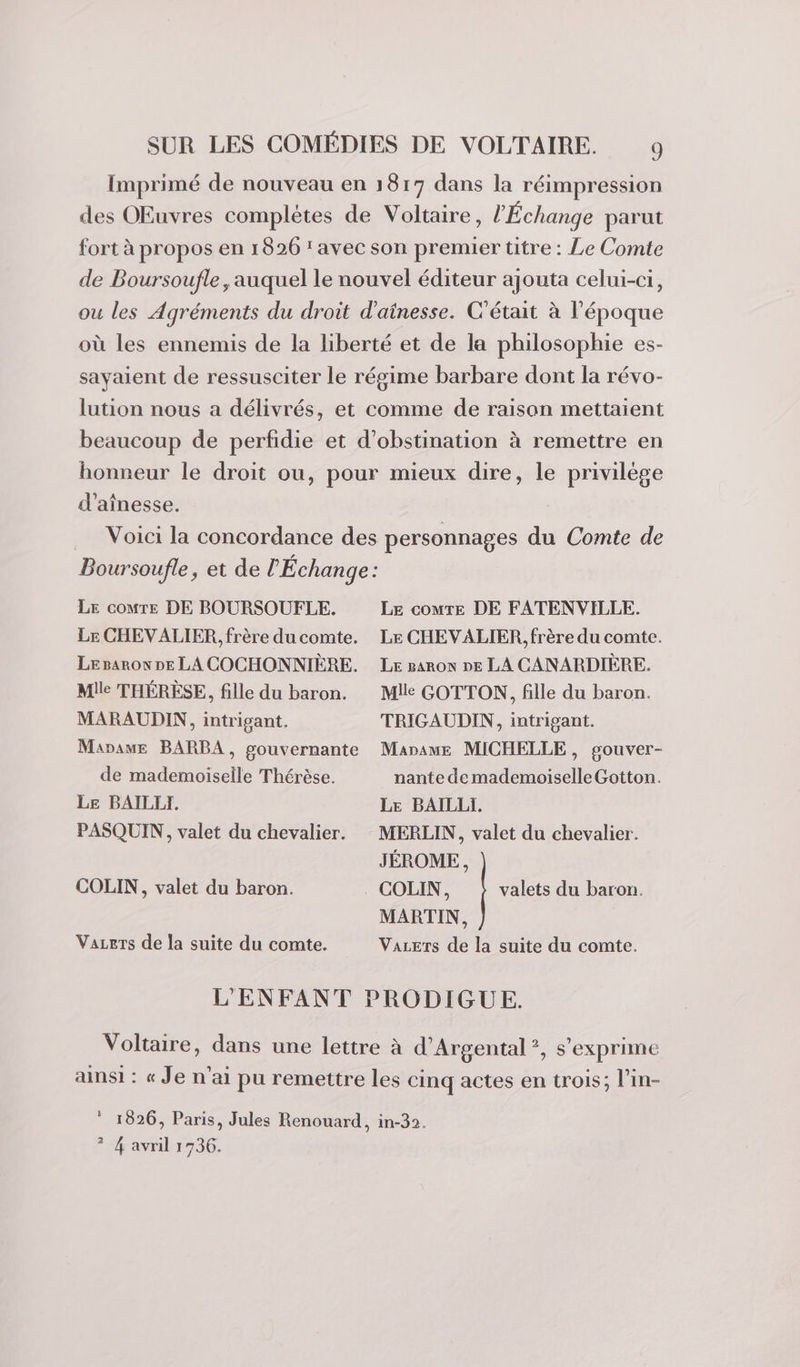 Imprimé de nouveau en 1817 dans la réimpression des OEuvres complètes de Voltaire, l'Échange parut fort à propos en 1826 ’ avec son premier titre : Le Comte de Boursoufle, auquel le nouvel éditeur ajouta celui-ci, ou les Agréments du droit d'ainesse. C'était à l’époque où les ennemis de la liberté et de la philosophie es- sayaient de ressusciter le régime barbare dont la révo- lution nous a délivrés, et comme de raisan mettaient beaucoup de perfidie et d’obstination à remettre en honneur le droit ou, pour mieux dire, le privilége d’aînesse. Voici la concordance des personnages du Comte de Boursoufle, et de Échange: Le coMre DE BOURSOUFLE. Le comre DE FATENVILLE. Le CHEVALIER, frère ducomte. LE CHEVALIER, frère du comte. Lesaron DE LA COCHONNIÈRE. Le paron ne LA CANARDIÈRE. Mille THÉRÈSE, fille du baron. Mlle GOTTON, fille du baron. MARAUDIN, intrigant. TRIGAUDIN, intrigant. Mapame BARBA, gouvernante Marame MICHELLE, gouver- de mademoiselle Thérèse. nante de mademoiselle Gotton. Le BAILLI. Le BAILLI. PASQUIN, valet du chevalier. MERLIN, valet du chevalier. JÉROME, COLIN, valet du baron. . COLIN, valets du baron. MARTIN, Vazers de la suite du comte. Vazers de la suite du comte. L'ENFANT PRODIGUE. Voltaire, dans une lettre à d’Argental*, s'exprime ainsi : « Je n'ai pu remettre les cinq actes en trois; l’in- 1 1826, Paris, Jules Renouard, in-32. ? 4 avril 1936.