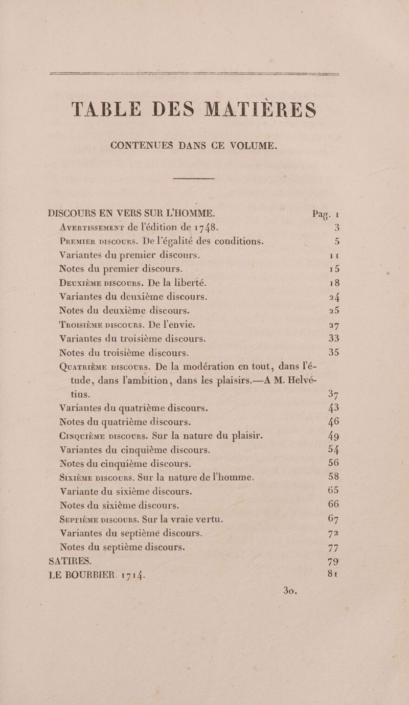 TABLE DES MATIÈRES CONTENUES DANS CE VOLUME. DISCOURS EN VERS SUR L'HOMME. Pag. 1 AVERTISSEMENT de l'édition de 1748. 3 Premier niscours. De l'égalité des conditions. 5 Variantes du premier discours. 11 Notes du premier discours. 15 Deuxième niscours. De la liberté. 18 Variantes du deuxième discours. 24 Notes du deuxième discours. 25 Troisième niscours. De l'envie. 27 Variantes du troisième discours. 33 Notes du troisième discours. 30 Quarrième niscours. De la modération en tout, dans l'é- tude, dans l'ambition, dans les plaisirs.—A M. Helvé- tius. 97 Variantes du quatrième discours. 43 Notes du quatrième discours. 46 Cinquième niscours. Sur la nature du plaisir. 49 Variantes du cinquième discours. 54 Notes du cinquième discours. 56 SIxIÈèME niscours. Sur la nature de l’homme. 58 Variante du sixième discours. | 65 Notes du sixième discours. 66 SEPTIÈME niscours. Sur la vraie vertu. 67 Variantes du septième discours. 72 Notes du septième discours. 77 SATIRES. 70 LE BOURBIER. 1714. 30.