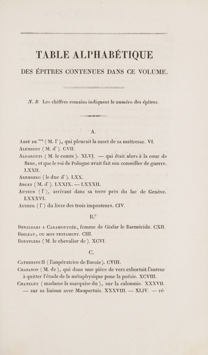 = = TABLE ALPHABÉTIQUE DES ÉPITRES CONTENUES DANS CE VOLUME. N. B. Les chiffres romains indiquent le numéro des épitres. À. ABBÉ DE “* (M. |’), qui pleurait la mort de sa maîtresse. VI. ALEMBERT ( M. d'). CVIL. AzGcarorri ( M. le comte). XLVI. — qui était alors à la cour de Saxe, et que le roi de Pologne avait fait son conseiller de guerre. LXXIT. AREMBERG ( le duc d'). LXX. ARGET ( M. d'). LXXIX.— LXXXII. Aureur (l°), arrivant dans sa terre près du lac de Genève. LXXXVI. AuTEuR ( l’) du livre des trois imposteurs. CIV. B. BENALDAKI A CARAMOUFTÉE, femme de Giafar le Barmécide. CXII. BOILEAU, OU MON TESTAMENT. CIIT. Bourrcens ( M. le chevalier de). XCVI. C. CATHERINE II ( l'impératrice de Russie). CVIIL. Cuaganon ( M. de), qui dans une pièce de vers exhortait l’auteur à quitter l'étude de la métaphysique pour la poésie. XCVIIT. Career ( madame la marquise du ), sur la calomnie. XXX VII. — sur sa liaison avec Maupertuis. XX XVIII. — XLIV. — ré-