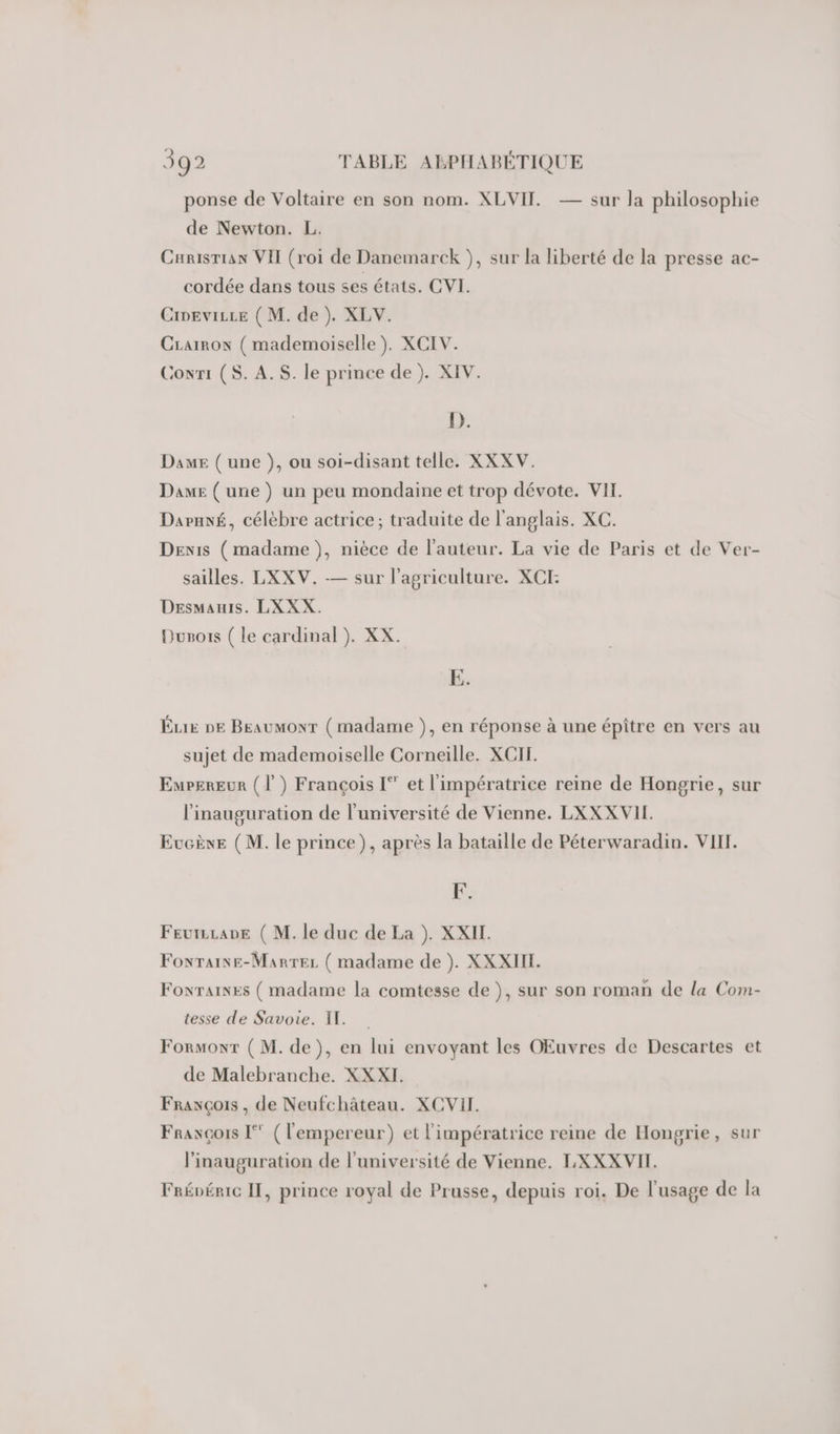 ponse de Voltaire en son nom. XLVIT. — sur la philosophie de Newton. L. Carisrian VIT (roi de Danemarck }), sur la liberté de la presse ac- cordée dans tous ses états. CVI. Cneviise ( M. de ). XLV. Crarrox ( mademoiselle ). XCIV. Conri (S. A.S. le prince de ). XIV. D. Dane ( une }, ou soi-disant telle. XXXV. Dame ( une ) un peu mondaine et trop dévote. VIT. Daruxé, célebre actrice; traduite de l'anglais. XC. Denis (madame }, nièce de l’auteur. La vie de Paris et de Ver- sailles. LXXV. — sur l'agriculture. XCI Desmauis. LXXX. Dusois ( le cardinal). XX. ÉLie pe Beaumowr (madame }), en réponse à une épître en vers au sujet de mademoiselle Corneille. XCI. Eurgreur (l) François I‘ et l'impératrice reine de Hongrie, sur l'inauguration de l’université de Vienne. LXXXVIL. Evcèxe (M. le prince), après la bataille de Péterwaradin. VIIT. F. Feutsane ( M. le duc de La ). XXIL. Foxraise-Martez ( madame de ). XXXIII. Fonraixes ( madame la comtesse de }, sur son roman de la Com- tesse de Savoie. IT. Formowr (M. de), en lui envoyant les OEuvres de Descartes et de Malebranche. XXXI. François , de Neufchâteau. XCVII. Fraxçois [°° (l'empereur) et l'impératrice reine de Hongrie, sur l'inauguration de l'université de Vienne. LXXX VII. Frévéric II, prince royal de Prusse, depuis roi. De l'usage de la