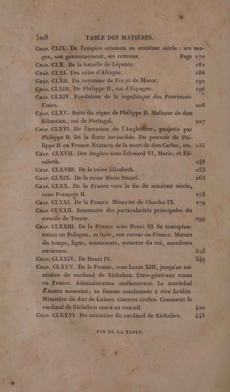 dt ReS TABLE DES MATIÈRES. ges, soû gouvernement, ses revenus. Page Cuar. CLX. De la bataille de Lépante. Cuar. CLXI. Des côtes d'Afrique. Cuar. CLXII Du royaume de Fez et de Maroc. Car. CLXIII. De Philippe Il, roi d'Espagne. Cnav. CLXIV. Fondation de la république des Provinces- Unies. Car. CLXV. Suite du règne de Philippe IL. Malheur de don Sébastien, roi de Portugal. F Cuar. CLXVI. De l'invasion de l'Angletérre, projetée par Philippe II. De la flotte invincible. Du pouvoir de Phi- Cnar. CLXVII. Des Anglais sous Édouard VI, Marie, et Éli- sabeth. Car. CLXVHH. De la reine Élisabeth. Cuar. CLXIX. De la reine Marie Stuart. Cuar. CLXX. De la France vers la fin du seizième siècle, sous François II. | Cnav. CEXXI. De la France. Minorité de Charles IX. Cap. CLXXIT. Sommaire des particularités principales du concile de Trente. Cuar. CLXXIII. De la France sous Henri III. Sa transplan- tation en Pologne, sa fuite, son retour en France. Mœurs du temps, ligue, assassinats, meurtre du roi, anecdotes curieuses. Car. CLXXIV. De Henri IV. Cnar. CLXXV. De la France, sous Louis XIII, jusqu'au mi- nistère du cardinal de Richelicu. États-généraux tenus en France. Administration malheureuse. Le maréchal d'Ancre assassiné; sa femme condamnée à étre brülée. Ministère du duc de Luines. Guerres civiles. Comment le cardinal de Richelieu entra au conseil. Cuar. CLXXVI: Du ministère du cardinal de Richelieu. # FIN DE LA TABLE. 170 182 188 192 196 208 325 349 41o 443