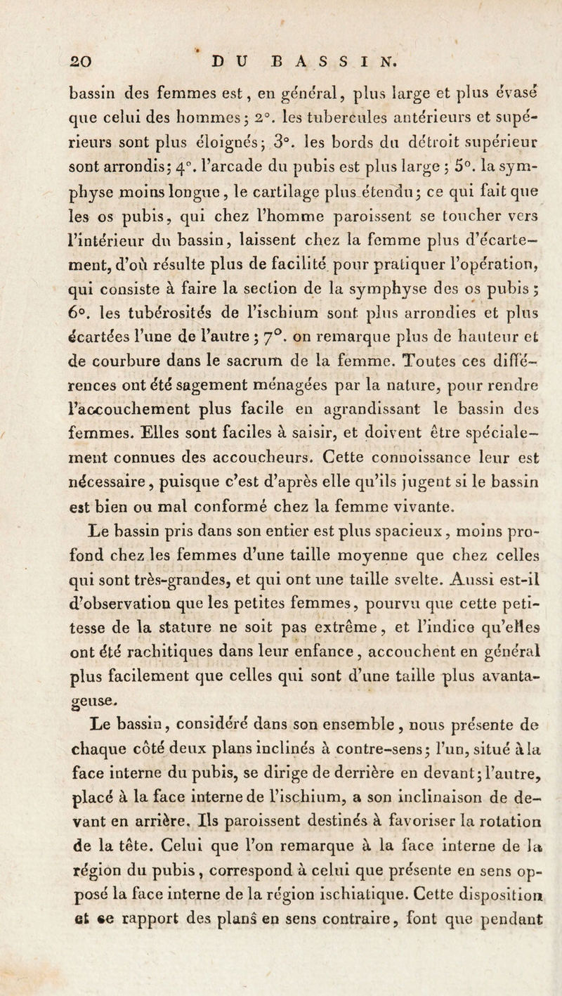 bassin des femmes est, en general, plus large et plus évasé que celui des hommes 5 2°. les tubercules antérieurs et supé- rieurs sont plus éloignés; 3°. les bords du détroit supérieur sont arrondis; 40. l’arcade du pubis est plus large ; 5°. la sym- physe moins longue, le cartilage plus étendu; ce qui fait que les os pubis, qui chez l’homme paroissent se toucher vers l’intérieur du bassin, laissent chez la femme plus d’écarte- ment, d’ou résulte plus de facilité pour pratiquer l’opération, qui consiste à faire la section de la symphyse des os pubis ; 6°. les tubérosités de l’ischium sont plus arrondies et plus écartées Tune de l’autre ; 70. on remarque plus de hauteur et de courbure dans le sacrum de la femme. Toutes ces diffé- rences ont été sagement ménagées par la nature, pour rendre l’aocouchement plus facile en agrandissant le bassin des femmes. Elles sont faciles à saisir, et doivent être spéciale- ment connues des accoucheurs. Cette connoissance leur est nécessaire, puisque c’est d’après elle qu’ils jugent si le bassin est bien ou mal conformé chez la femme vivante. Le bassin pris dans son entier est plus spacieux, moins pro- fond chez les femmes d’une taille moyenne que chez celles qui sont très-grandes, et qui ont une taille svelte. Aussi est-il d’observation que les petites femmes, pourvu que cette peti- tesse de la stature ne soit pas extrême, et l’indice qu’elles ont été rachitiques dans leur enfance, accouchent en général plus facilement que celles qui sont d’une taille plus avanta- geuse. Le bassin, considéré dans son ensemble, nous présente de chaque côté deux plans inclinés à contre-sens; l’un, situé à la face interne du pubis, se dirige de derrière en devant; l’autre, placé à la face interne de l’ischium, a son inclinaison de de- vant en arrière. Ils paroissent destinés à favoriser la rotation de la tête. Celui que l’on remarque à la face interne de la région du pubis, correspond à celui que présente en sens op- posé la face interne de la région ischiatique. Cette disposition et ee rapport des plans en sens contraire, font que pendant