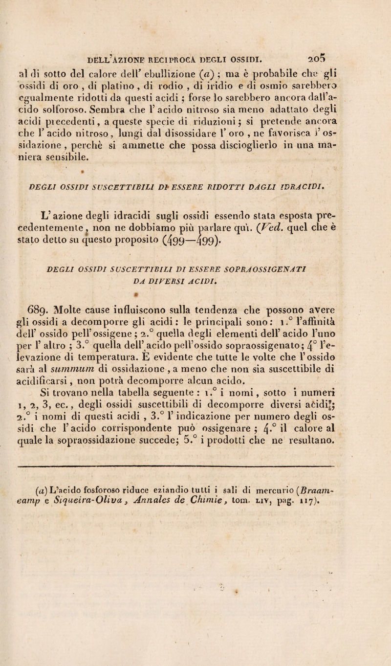 al di sotto del calore deir ebollizione («) ; ma è probabile che gli ossidi di oro , di platino , di rodio , dì iridio e di osmio sarebbero egualmente ridotti da questi acidi ; forse lo sarebbero ancora dall’a¬ cido solforoso. Sembra che 1’ acido nitroso sia meno adattato degli acidi piecedenti, a queste specie di riduzioni; si pretende ancora che T acido nitroso, lungi dal disossidare 1’ oro , ne favorisca l’os¬ sidazione , perchè si ammette che possa discioglierlo in una ma¬ niera sensibile. • v , • .* 1 DEGLI OSSIDI SUSCETTIBILI Db ESSEBE RIDOTTI DAGLI IDRACIDI. L’azione degli idracidi sugli ossidi essendo stata esposta pre¬ cedentemente, non ne dobbiamo più parlare qui. (Ved. quel che è stato detto su questo proposito (499—499)* DEGLI OSSIDI SUSCETTIBILI DI ESSERE SOPRA OSSIGENATI DA DIVERSI ACIDI. 689. Molte cause influiscono sulla tendenza che possono avere gli ossidi a decomporre gli acidi: le principali sono: i.° l’affinità dell’ ossido pell’ossigene ; 2.0 quella degli elementi dell’ acido l’uno per 1’ altro ; 3.° quella dell’ acido pell’ossido sopraossigenato; 4° l’e¬ levazione di temperatura. E evidente che tutte le volte che l’ossido sarà al summum di ossidazione , a meno che non sia suscettibile di acidiflcarsi, non potrà decomporre alcun acido. Si trovano nella tabella seguente : i.° i nomi, sotto i numeri 1, 2, 3, ec., degli ossidi suscettibili di decomporre diversi aòidif; 2.0 i nomi di questi acidi , 3.° l’indicazione per numero degli os¬ sidi che l’acido corrispondente può ossigenare; 4*° il calore al quale la sopraossidazione succede; 5.° i prodotti che ne resultano. (a) L’acido fosforoso riduce eziandio tutti i sali di mercurio (Braam- eamp e Siqueira-Oliva } Annales de Chimie, tom, liv, pag. 117).