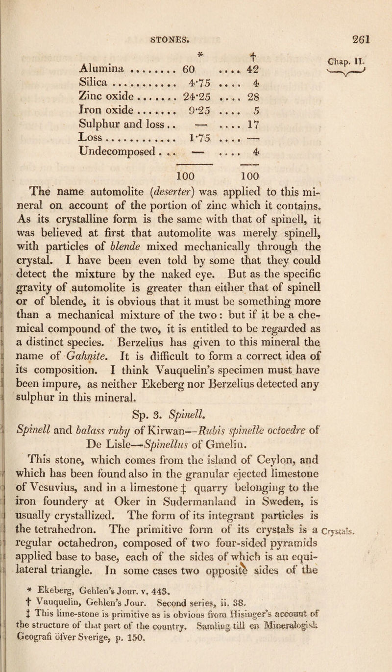 t Alumina. 60 .... 42 Silica. 4*75 • • • • 4 Zinc oxide... 24-25 .... 28 Iron oxide. ,9*25 * • • • Sulphur and loss .. — .... 17 Loss. 1-75 • • • • —— Undecomposed. .. — • • • • ^ 100 100 Chap. IL The name automolite (deserter) was applied to this mi¬ neral on account of the portion of zinc which it contains. As its crystalline form is the same with that of spinell, it was believed at first that automolite was merely spinell, with particles of blende mixed mechanically through the crystal. I have been even told by some that they could detect the mixture by the naked eye. But as the specific gravity of,automolite is greater than either that of spinell or of blende, it is obvious that it must be something more than a mechanical mixture of the two: but if it be a che¬ mical compound of the two, it is entitled to be regarded as a distinct species. Berzelius has given to this mineral the name of Gahnite, It is difficult to form a correct idea of its composition. I think Vauquelin’s specimen must have been impure, as neither Ekeberg nor Berzelius detected any sulphur in this mineral. Sp. 3. Spinell. Spinell and balass ruby of Kirwan—Uiihis spinelle octoedre of De Lisle—^Spinellus of Gmelin. This stone, which comes from the island of Ceylon, and which has been found also in the granular ejected limestone of Vesuvius, and in a limestone J quarry belonging to the iron foundery at Oker in Sudermanland in Sweden, is usually crystallized. The form of its integrant particles is the tetrahedron. The primitive fonn of its crystals is a Crystals, regular octahedron, composed of two four-sided pyramids applied base to base, each of the sides of which is an equi¬ lateral triangle. In some cases two opposite sides of the « Ekeberg, Gelilen^s Jour. v. 443. f Vauquelin, Gehieii^s Jour. Second series, ii. 38- I This iime-stone is primitive as is obvious from Hisingeris account of the structure of that part of the country. Samling till ee Mioeralogisk Geografi bfver Sverige, p, 150.