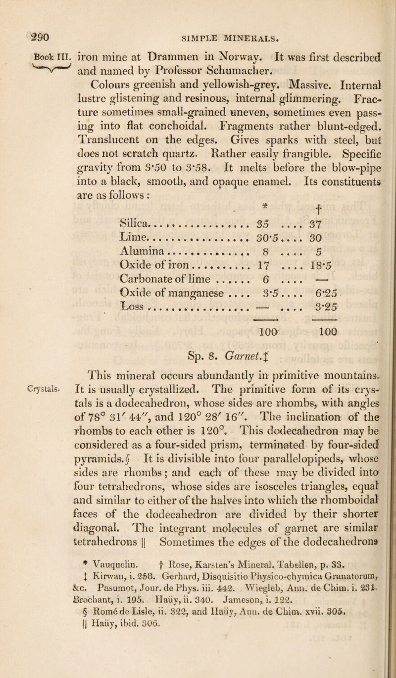 Book III. iron mine at Drammen in Norway. It was first described and named by Professor Schumacher. Colours greenish and yellowish-grey. Massive. Internal lustre glistening and resinous, internal glimmering. Frac¬ ture sometimes small-grained uneven, sometimes even pass¬ ing into flat conchoidal. Fragments rather blunt-edged. Translucent on the edges. Gives sparks with steel, but does not scratch quartz. Rather easily frangible. Specific gravity from 3* * * §50 to 3*58. It melts before the blow-pipe into a black, smooth, and opaque enamel. Its constituents are as follows: * t Silica... . 37 Lime... . 30 Alumina... . 5 Oxide of iron..... . 18*5 Carbonate of lime . , — Oxide of manganese .... 3*5.. . 6*25 Loss .... . 3*25 100 100 Sp. 8. Garnet,X This mineral occurs abundantly in primitive mountainsv Crystals. It is usually crystallized. The primitive form of its crys¬ tals is a dodecahedron, whose sides are rhombs, wdth angles of 78° SP 44^^, and 120° 28' 16. The inclination of the rhombs to each other is 120°. This dodecahedron may be considered as a four-sided prism, terminated by four-sided pyramids.J It is divisible into four parallelopipeds, whose sides are rhombs; and each of these may be divided into- four tetrahedrons, whose sides are isosceles triangles, equal and similar to either of the halves into which the rhomboidal faces of the dodecahedron are divided by their shorter diagonal. The integrant molecules of garnet are similar tetrahedrons 1| Sometimes the edges of the dodecahedrons * Vauquelin. f Rose, Karsten’s Mineral. Tabellen, p. 33. I Kirwan, 1. 2S8. Gerhard, Disquisitio Physico-chymica Granatorum, &amp;c. Pasumot, Jour, de Phys. iii. 442. Wiegleb, Aim. de Cbim. i. 231. Rrochant, i. 195. Ilaiiy, ii. 340. Jameson, i. 122. § Roinede Lisle, ii. 322, and Ilaiiy, Ann. de Chiin. xvii. 305. II Haiiy, ibid, 306.