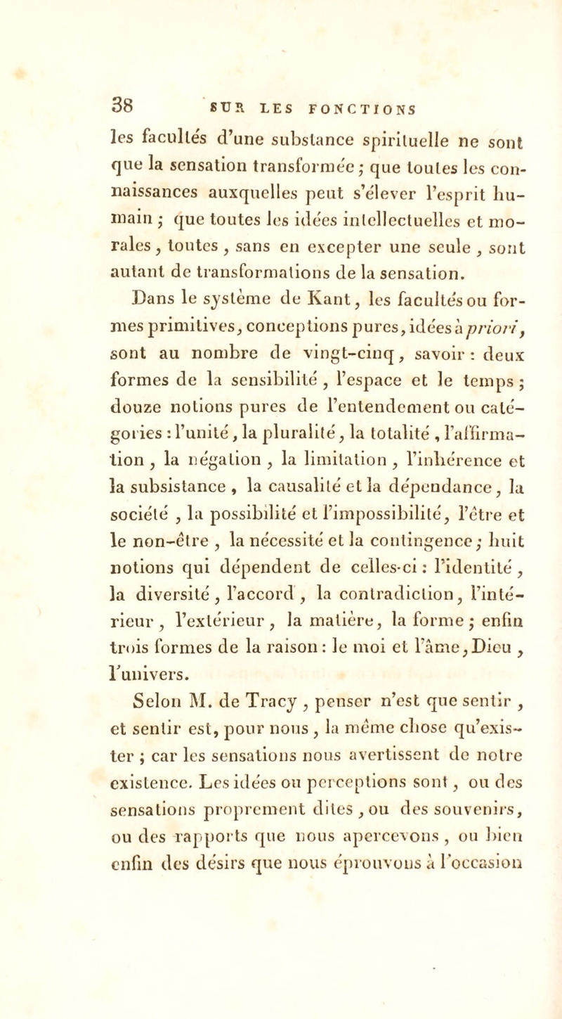 les facultés d’une substance spirituelle ne sont &lt;]ue la sensation transformée ; que toutes les con- naissances auxquelles peut s’élever l’esprit hu- main • que toutes les idées intellectuelles et mo- rales , toutes , sans en excepter une seule , sont autant de transformations de la sensation. Dans le système de Kant, les facultés ou for- mes primitives, conceptions pures, idées à priori, sont au nombre de vingt-cinq, savoir : deux formes de la sensibilité , l’espace et le temps ; douze notions pures de l’entendement ou caté- gories : l’unité, la pluralité, la totalité , l’affirma- tion , la négation , la limitation , l’inliérence et la subsistance , la causalité et la dépendance, la société , la possibilité et l’impossibilité, l’être et le non-être , la nécessité et la contingence; huit notions qui dépendent de celles-ci: l’identité, la diversité, l’accord, la contradiction, l’inté- rieur, l’extérieur, la matière, la forme ; enfin trois formes de la raison: le moi et l’âme,Dieu , runivers. Selon M. de Tracy , penser n’est que sentir , et sentir est, pour nous , la même chose qu’exis- ter ; car les sensations nous avertissent do notre existence. Les idées ou perceptions sont, ou des sensations proprement dites , ou des souvenirs, ou des rapports que nous apercevons, ou bien enfin des désirs que nous éprouvons à l'occasion