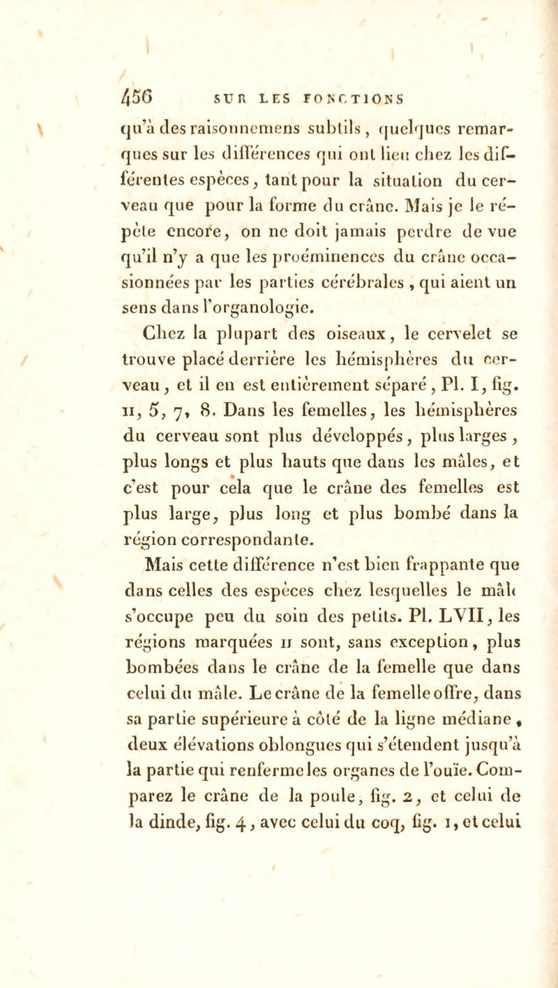 qu’à des raisonnemens subtils, quelques remar- ques sur les différences qui ont lieu chez lcsdif- féreutes espèces, tant pour la situation du cer- veau que pour la forme du crâne. Mais je le ré- pète encore, on ne doit jamais perdre de vue qu’il n’j a que les proéminences du crâne occa- sionnées par les parties cérébrales , qui aient un sens dans l’organologie. Chez la plupart des oiseaux, le cervelet se trouve placé derrière les hémisphères du cer- veau , et il en est entièrement séparé , PL I, fîg. ii, 5, 7, B. Dans les femelles, les hémisphères du cerveau sont plus développés , plus larges , plus longs et plus hauts que dans les mâles, et c'est pour cela que le crâne des femelles est plus large, plus long et plus bombé dans la région correspondante. Mais cette différence n’est bien frappante que dans celles des espèces chez lesquelles le mâh s’occupe peu du soin des petits. PI. LVII, les régions marquées 11 sont, sans exception, plus bombées dans le crâne de la femelle que dans celui du mâle. Le crâne de la femelle offre, dans sa partie supérieure à coté de la ligne médiane , deux élévations oblongues qui s’étendent jusqu’à la partie qui renferme les organes de l’ouïe. Com- parez le crâne de la poule, fig. 2, et celui de la dinde, fig. 4, avec celui du coq, %. 1, et celui
