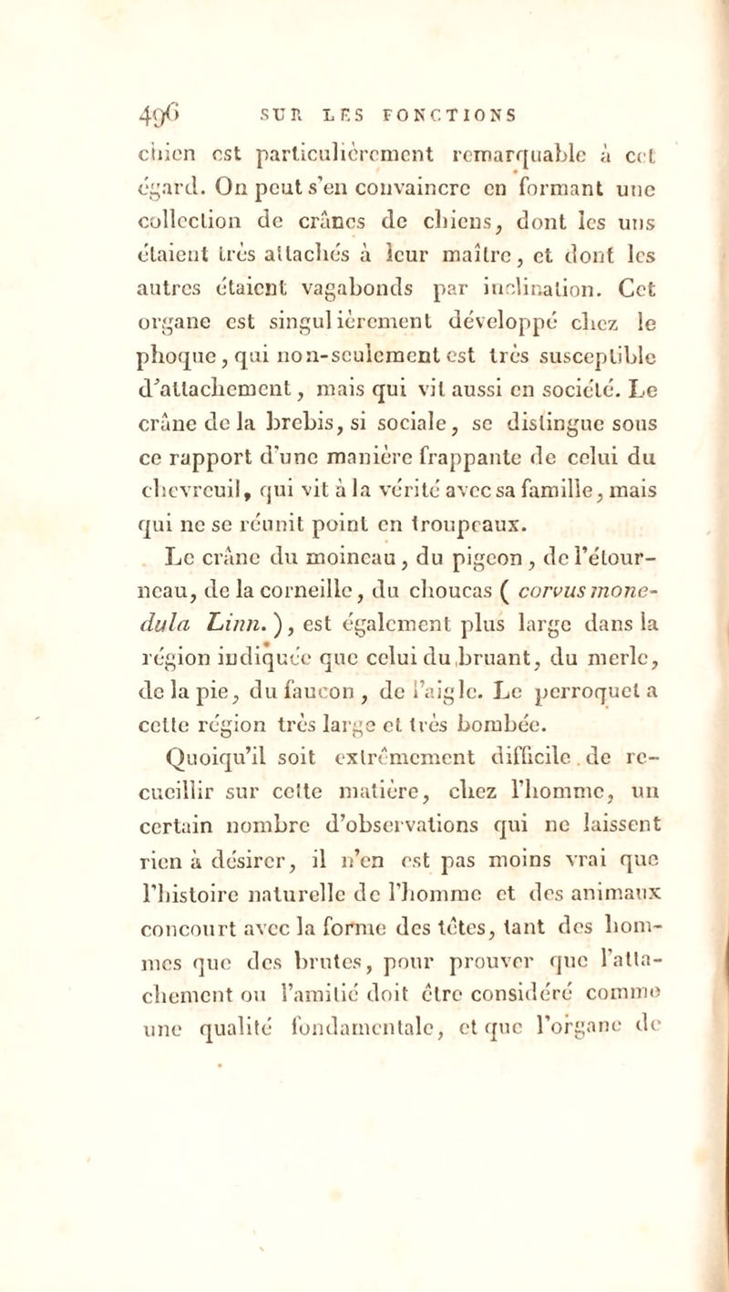 SUR L F. 5 FONCTIONS 49e ciiien est particulièrement remarquable à cet égard. On peut s’en convaincre en formant une collection de crânes de chiens, dont les uns étaient très attachés à leur maître, et dont les autres étaient vagabonds par inclination. Cet organe est singulièrement développé chez le phoque, qui non-seulement est très susceptible d'attachement, mais qui vil aussi en société. Le crâne de la brebis, si sociale, se distingue sous ce rapport d'une manière frappante de celui du chevreuil, qui vit à la vérité avec sa famille, mais qui ne se réunit point en troupeaux. Le crâne du moineau, du pigeon, de l’étour- neau, de la corneille, du choucas ( corvusmone- dula Ltinn. ), est également plus large dans la région indiquée que celui du bruant, du merle, de la pie, du faucon , de l’aigle. Le perroquet a celte région très large et très bombée. Quoiqu’il soit extrêmement difficile de re- cueillir sur ccite matière, chez l’homme, un certain nombre d’observations qui ne laissent rien à désirer, il n’en est pas moins vrai que l’histoire naturelle de l’homme et des animaux concourt avec la forme des têtes, tant des hom- mes que des brutes, pour prouver que l’atta- chement ou l’amitié doit être considéré comme une qualité fondamentale, et que l’organe de