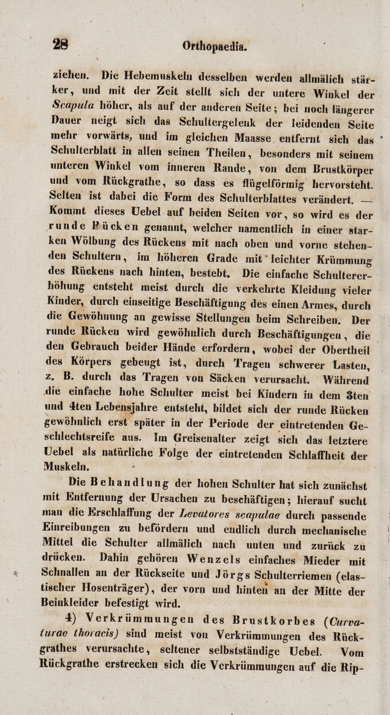 ziehen. Die Hebemuskeln desselben werden allmaiich stal¬ ker, und mit der Zeit stelit sich der imtere Winkel der Scapula hoher, als auf der anderen Seite; bei noch langerer Dauer neigt sich das Schultergelenk der leidenden Seite mehr vorwarts, und irn gleichen Maasse entfernt sich das Schulterblatt in alien seinen Theilen, besonders mit seinem unteren Winkel vom inneren Rande, von dem Brustkorper und vom Riickgrathe, so dass es fliigelformig hervorsteht. Selten ist dabei die t orm des Schulterblattes verandert. _ Kommt dieses Uebel aul beiden Seiten vor, so wird es der runde Bucken genannt, welcher namentlich in einer star- ken Wolbung des Riickens mit nacli oben und vorne stehen- den Schultern, im hoheren Grade mit leichter Kriimmung des Riickens nach hinten, bestebt. Die einfache Schulterer- 1]bhung entsteht meist durcli die verkehrte Kleidung vieler Kinder, durch einseitige Beschaftigung des einen Armes, durch die Gewohnung an gewisse Stellungen beim Schreiben. Der runde Riicken wird gewdhnlich durch Beschaftigungen, die den Gebrauch beider Hande erfordern, wobei der Obertheil des Korpers gebeugt ist, durch Tragen schwerer Lasten, z. B. durch das Tragen von Sacken verursacht. Wahrend die einfache hohe Schulter meist bei Kindern in dem 3ten und 4ten Lebensjahre entsteht, bildet sich der runde Rucken gewohnlich erst spater in der Periode der eintretenden Ge- schlechtsreife aus. Im Greisenalter zeigt sich das letztere Uebel als natiirliche Folge der eintretenden Schlaffheit der Muskeln. Die Behandlung der hohen Schulter hat sich zunachst mit Entfernung der Ursachen zu beschaftigeri; hierauf sucht man die Erschlaffung der Levatores scapulae durch passende Einreibungen zu befordern und endlich durch meclmnische Mittel die Schulter allmaiich nach unten und zuriick zu driicken. Dahin gehoren Wenzels einfaches Mieder mit Schnallen an der Riickseite und Jorgs Schulterriemen (elas- tischer Ilosentrager), der vorn und hinten an der Mitte der Beinkleider befestigt wird. 4) Verkriimmungen des Brustkorbes (Curva- turae thoracis) sind meist von Verkriimmungen des Riick- grathes verursachte, seltener selbststandige Uebel. Vom Riickgrathe erstrecken sich die Verkriimmungen auf die Rip-